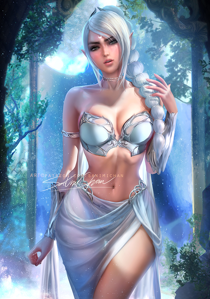1girls, artist name, artist signature, baldur's gate, baldur's gate 3, bra, braided hair, breasts, cleavage, dungeons and dragons, elf, elf ears, elf female, female, female only, forgotten realms, half-elf, large breasts, long hair, moon, nature background, panties, pointy ears, sakimichan, sarong, see-through clothing, shadowheart, underwear, white hair