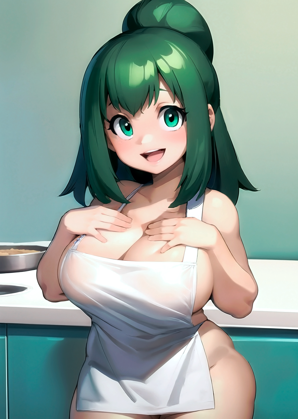 1girls ai_generated apron green_eyes green_hair hands_on_own_chest high_ponytail inko_midoriya large_breasts losforry_custom my_hero_academia naked_apron open_mouth shortstack thick_thighs