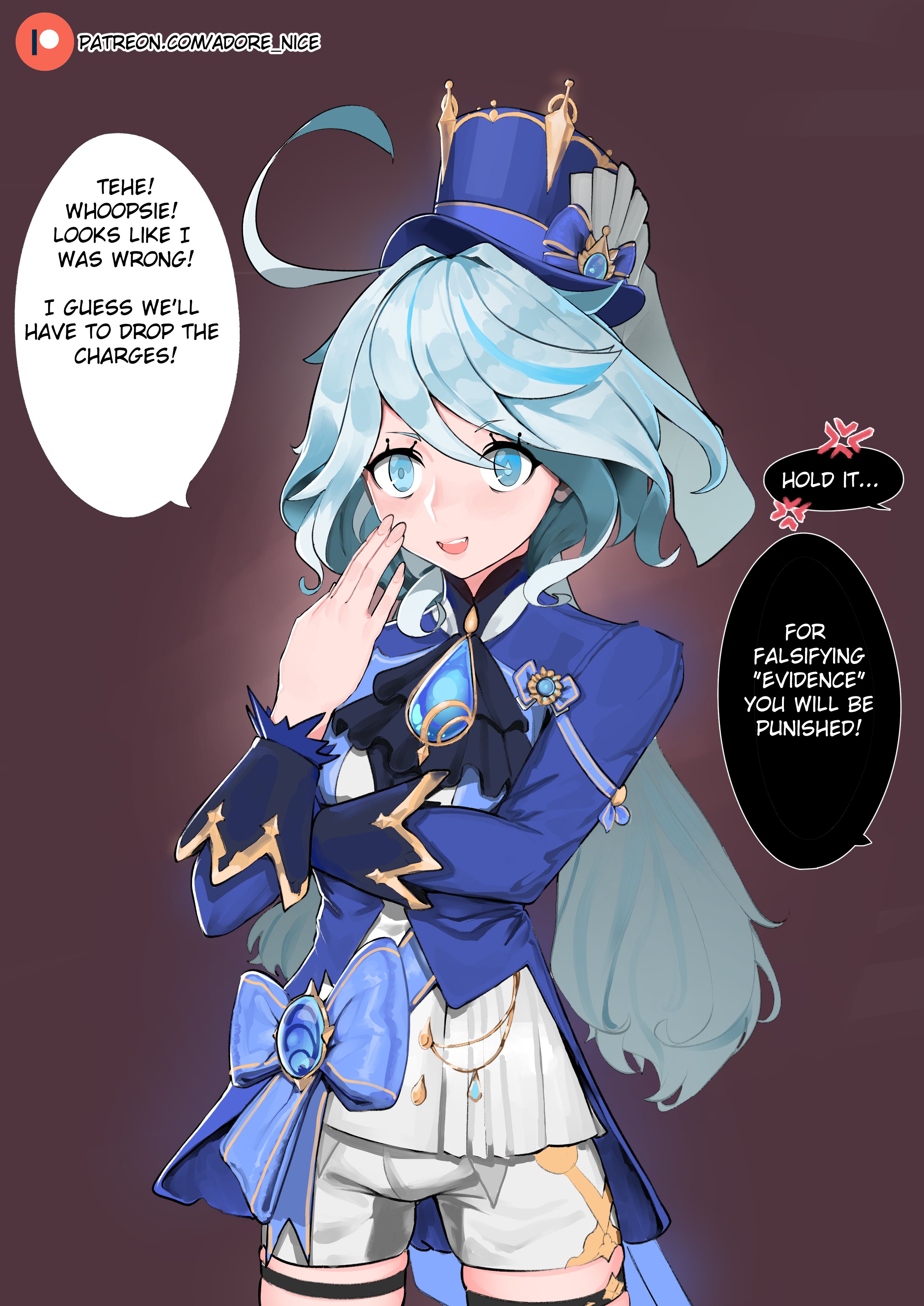 1girls, adore nice, blue eyes, blue hair, clothed, english text, female, fully clothed, furina (genshin impact), genshin impact, goddess, hat, hoyoverse, light blue hair, light skin, light-skinned female, mihoyo, tagme, text