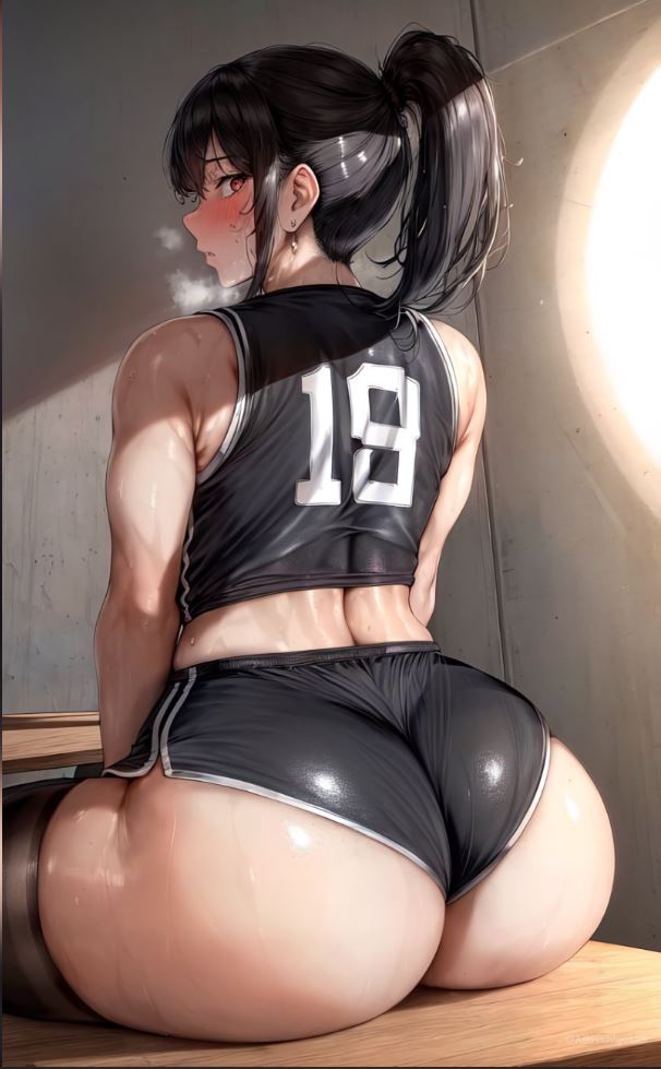 1girls, ass, big ass, blush, female, female only, looking back, sitting, sportswear, steam, volleyball