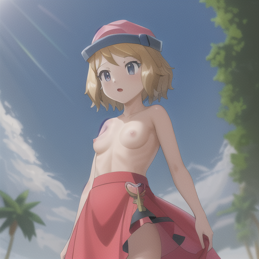 ai_generated blue_eyes human no_bra outside pink_hat pokemon serena_(pokemon) short_hair showcase_outfit stable_diffusion suprised_look