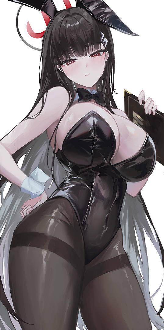 artist request, blue archive, blush, breasts, bunny girl, bunnysuit, cowboy shot, female, hands on hips, holding object, huge breasts, looking at viewer, millennium science school student, rio (blue archive), seminar (blue archive), slender waist, thick thighs, wide hips