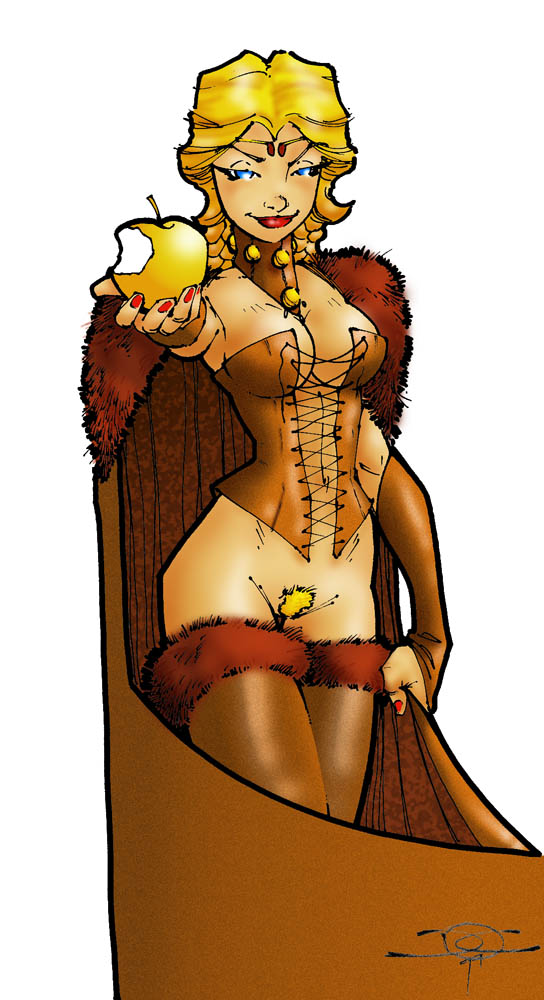 apple blonde_hair blue_eyes braids cape cleavage corset elbow_gloves fingerless_elbow_gloves fur_trim goddess goddess_of_spring high_collar holding_apple idunn immortal immortality leather_corset magic_apple mythology no_panties norse_mythology offering offering_food pubic_tuft thighhighs