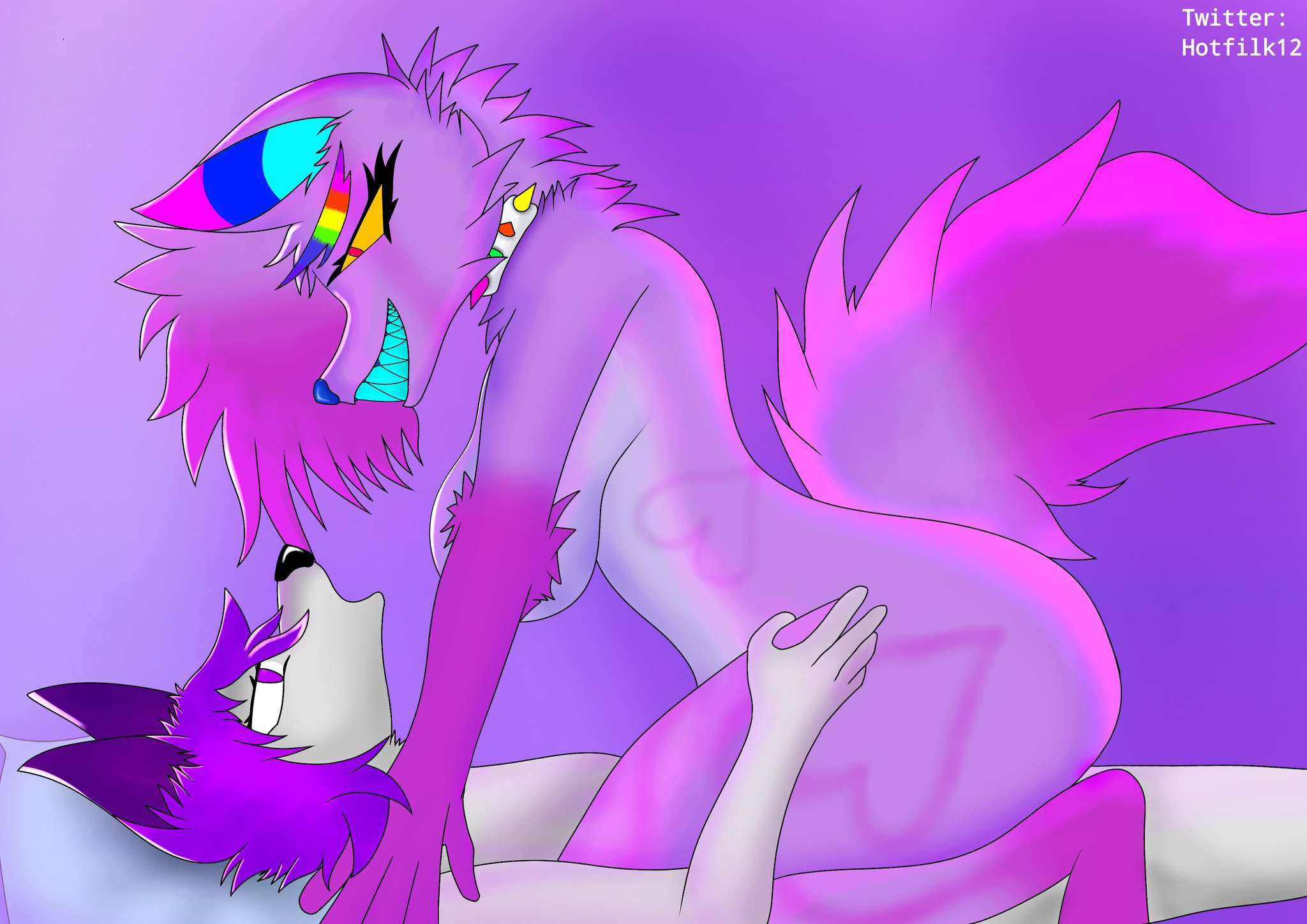 anthro anthro_on_anthro big_breasts busty furry furry_ass furry_breasts furry_female furry_only furry_tail hips hips_grab hotfilk hound hourglass_figure huge_ass huge_breasts multicolored_body multicolored_fur multicolored_hair rainbow smile smiling smirk smirking thighs wolf wolf_ears wolf_girl wolf_tail