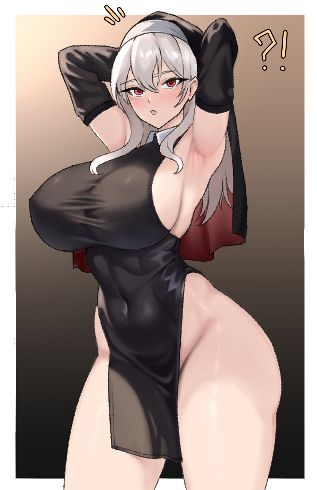 armpits, breasts, female, huge breasts, large breasts, lewddimension, long hair, nun, red eyes, sexy armpits, thighs, white hair