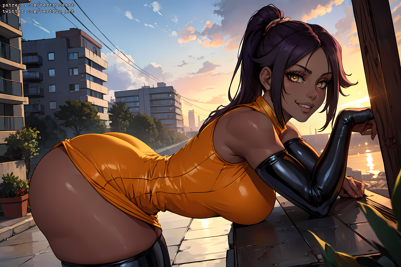 1girls, ai generated, bent over, bleach, dark skin, dark-skinned female, female, female only, shihouin yoruichi, solo, tagme, thick thighs, thighs, thunder thighs, vertiloart