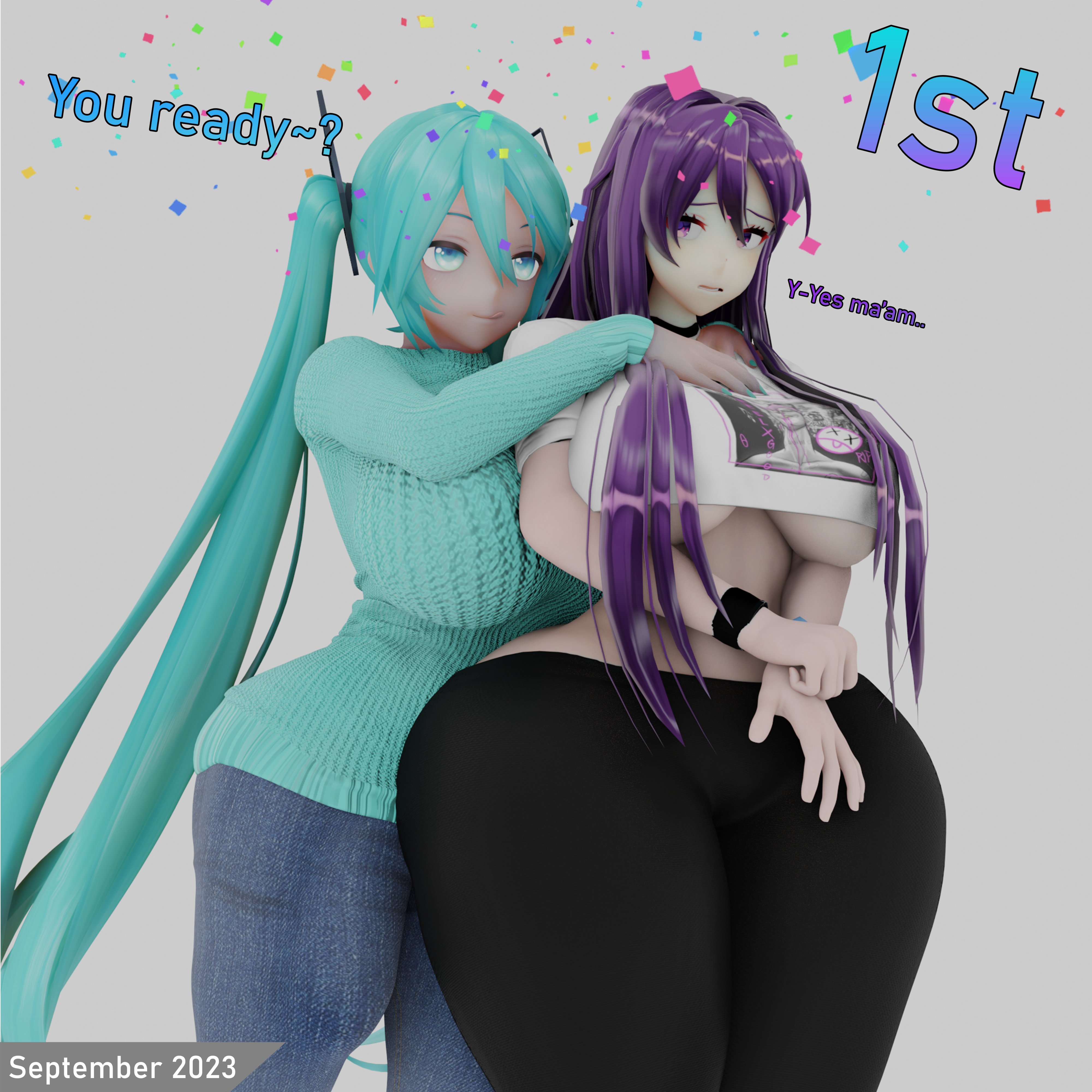 1futa, 1girls, 2girls, 3d, 3d (artwork), aqua eyes, aqua hair, ass, big ass, big breasts, big bulge, big butt, blue hair, breasts, bulge, bulge down leg, clothing, crossover, curvy, denim, dialogue, doki doki literature club, duo, english text, female, fully clothed, futanari, hair ornament, hatsune miku, hug, hug from behind, huge ass, huge breasts, intersex, jeans, large breasts, long hair, looking back, multiple girls, pants, purple eyes, purple hair, smile, sonivvnsfw, sweater, tagme, text, thick thighs, twintails, underboob, very long hair, vocaloid, wide hips, yuri, yuri (doki doki literature club)