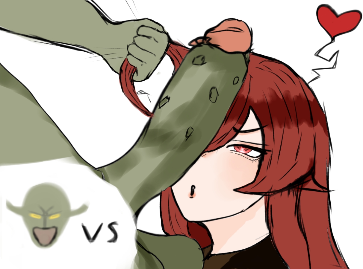 1boy, 1girls, after rape, bad end, big penis, bondage, broken rape victim, captured heroine, corrupted, corruption, eris greyrat, female, femsub, goblin, goblin male, grabbing, heart, heart-shaped pupils, kinkylingky, male, mind break, monster, mushoku tensei, mushoku tensei: isekai ittara honki dasu, penis, penis awe, rape, red eyes, red hair, text