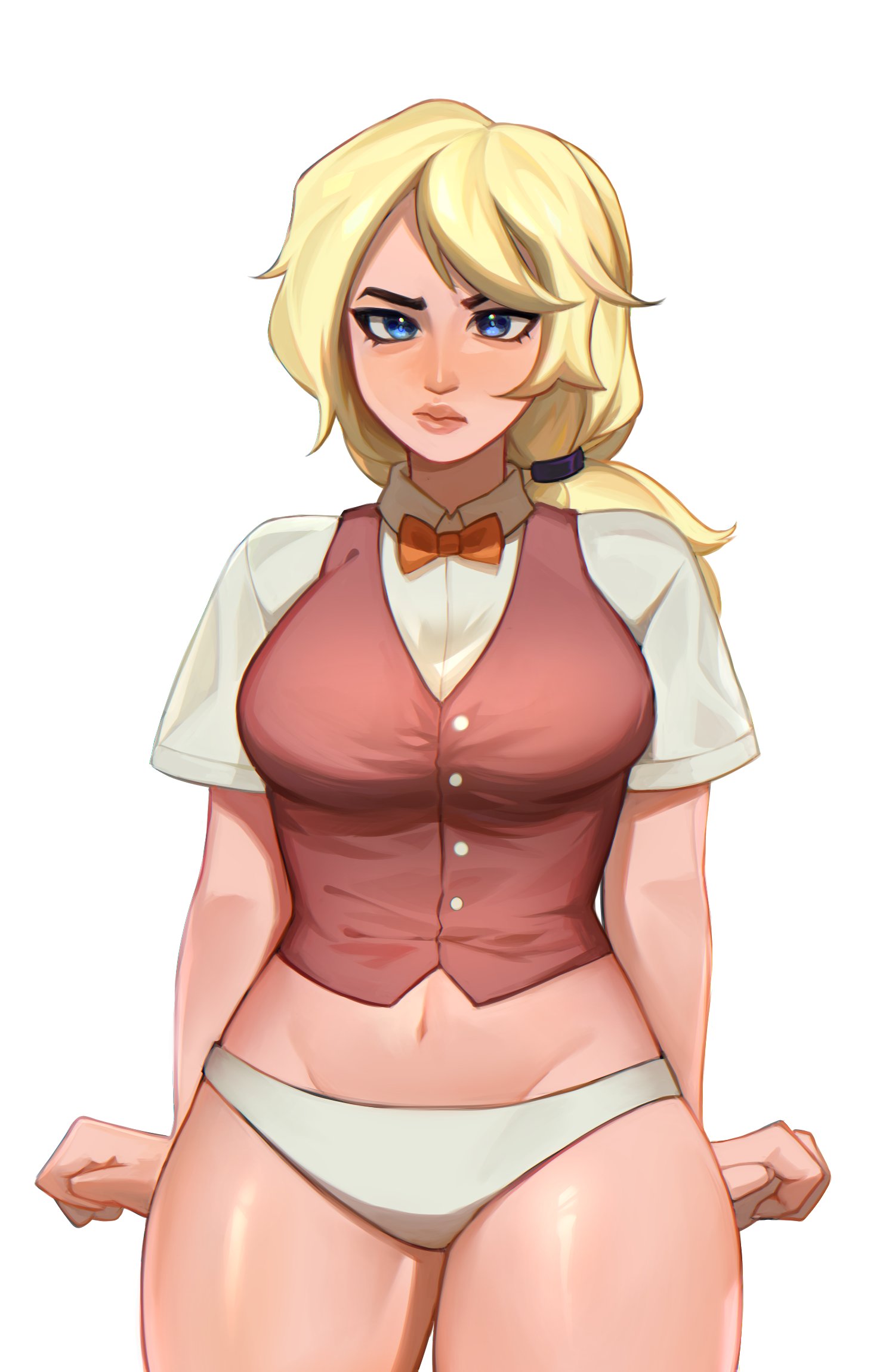 adventure time, adventure time: fionna & cake, annoyed, artist request, blonde hair, blue eyes, blush, bottomless, embarrassed, female, fionna the human girl, hotbleuer, human, no pants, panties, underwear, vogel, white background