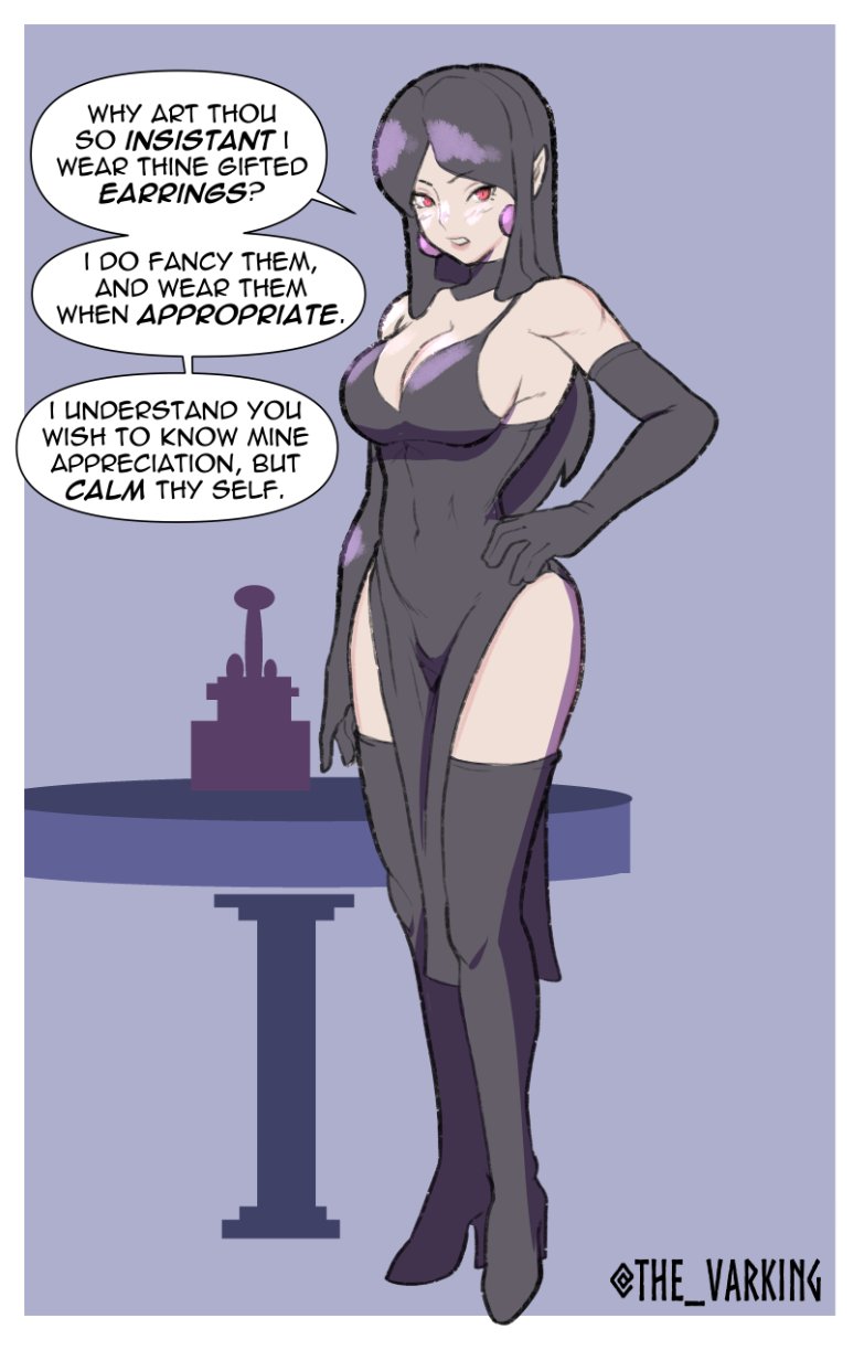 1girls, armwear, big breasts, black armwear, breasts, busty, english, english text, female, original, original character, pointy ears, red eyes, text, the varking