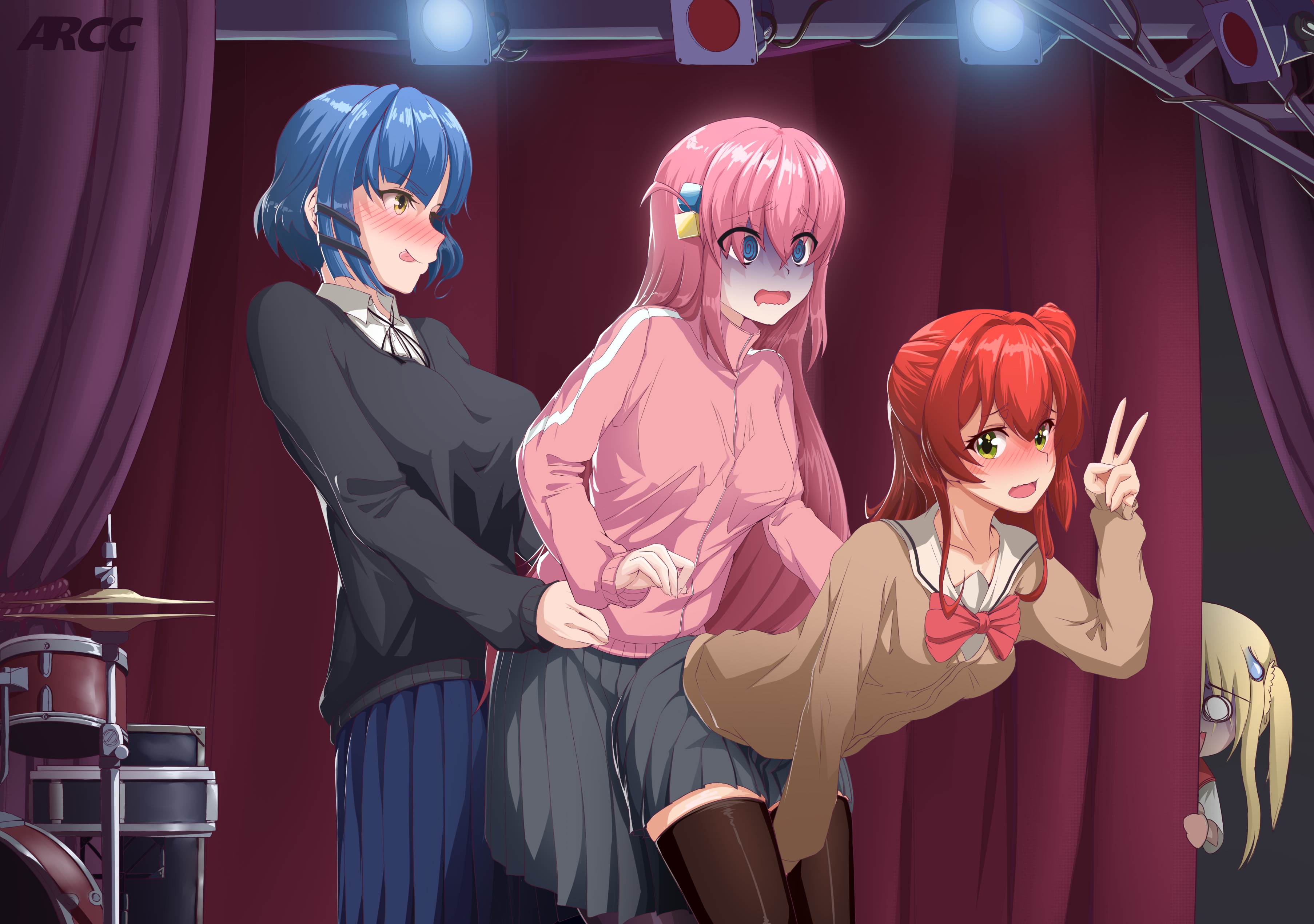 4girls, arcainnon, backstage, blue hair, bocchi the rock!, embarrassed, female, fully clothed, futanari, gotou hitori, ijichi nijika, implied futa, implied sex, intersex, kita ikuyo, pink hair, red hair, tagme, v, yamada ryou, yuri