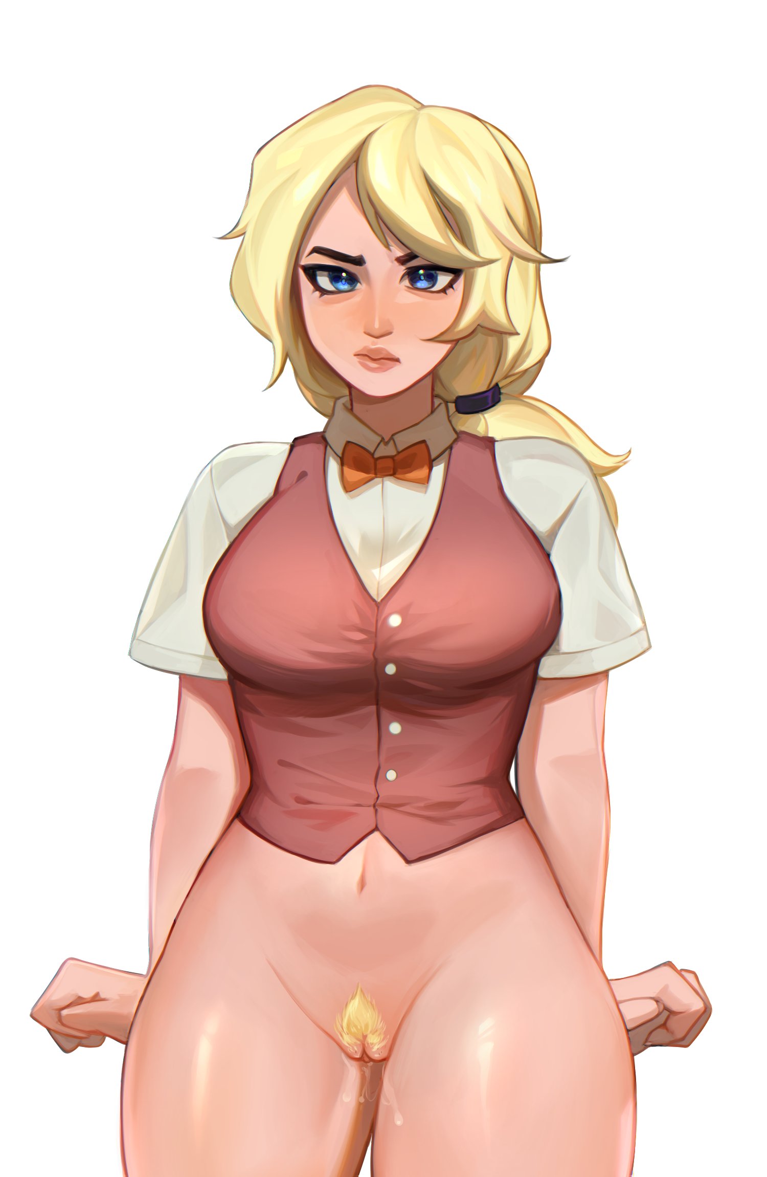 adventure time, adventure time: fionna & cake, blonde hair, blue eyes, bottomless, casual, clothing, female, fionna campbell, fionna the human girl, hotbleuer, human, no panties, pale skin, pubic hair, pussy, pussy juice, vogel