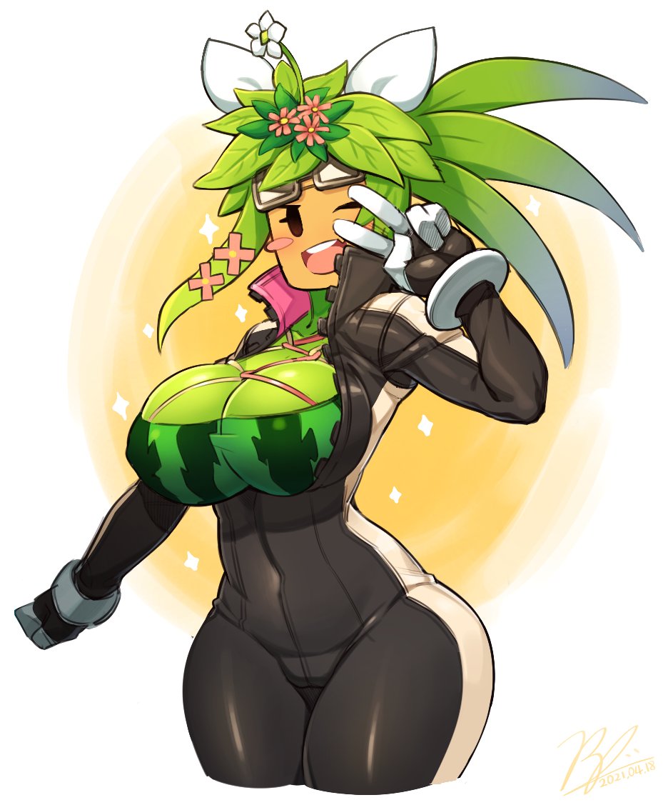big breasts, blaster master zero 2, breasts, female, kanna (blaster master), peace sign, plant girl, plant hair, plant humanoid, plantie, tagme, wide hips