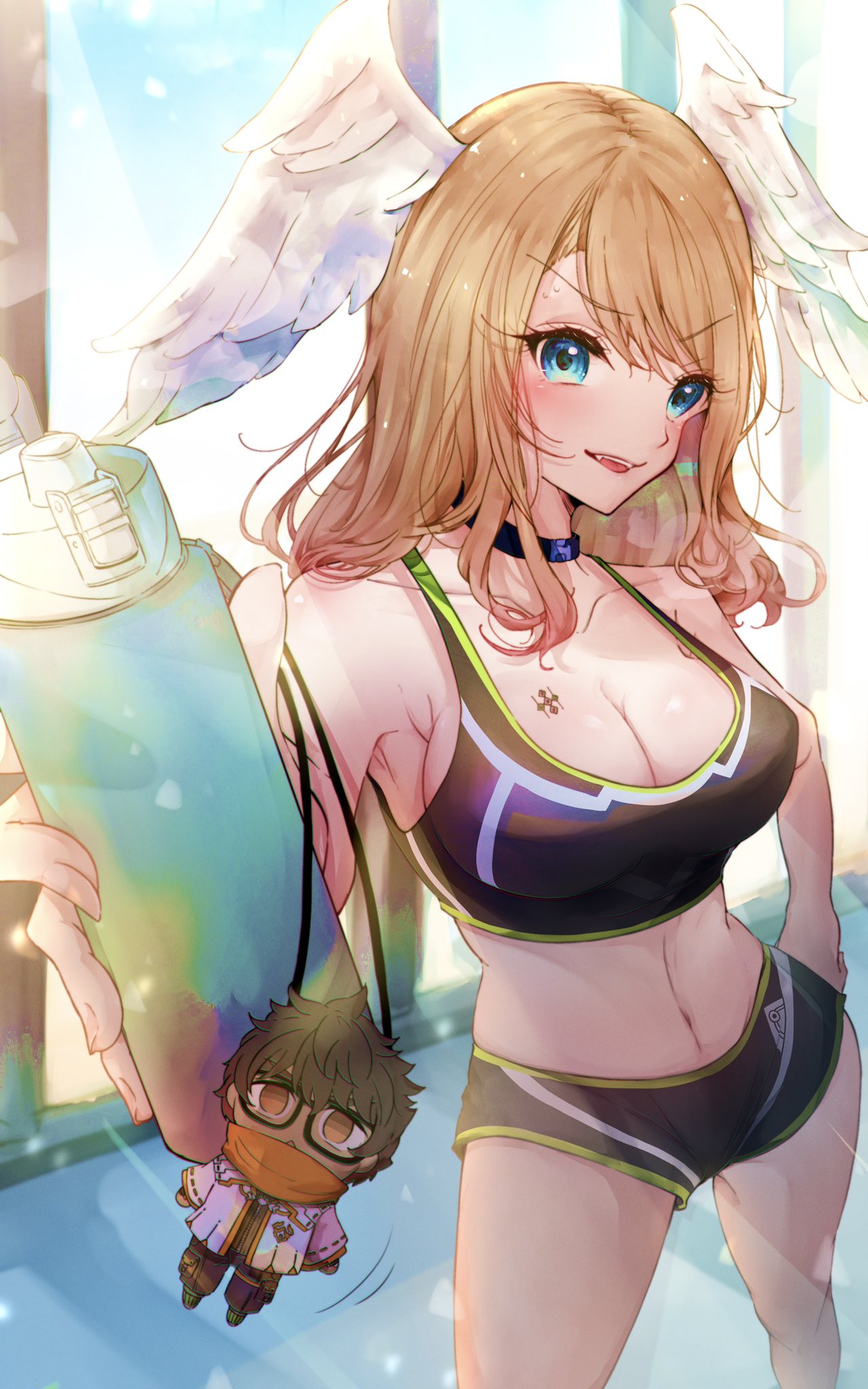 1girls, bare midriff, bare shoulders, black choker, black shorts, black sports bra, blonde hair, blue eyes, bottle, breast tattoo, breasts, choker, cleavage, eunie (xenoblade), female, female only, hand on hip, head wings, highres, holding, holding bottle, holding object, large breasts, long hair, looking at viewer, midriff, monolith soft, nemu (ut kakinotane), nintendo, shorts, sideboob, sports bra, sportswear, taion (xenoblade), tattoo, thick thighs, thighs, water bottle, wings, workout clothes, xenoblade (series), xenoblade chronicles 3