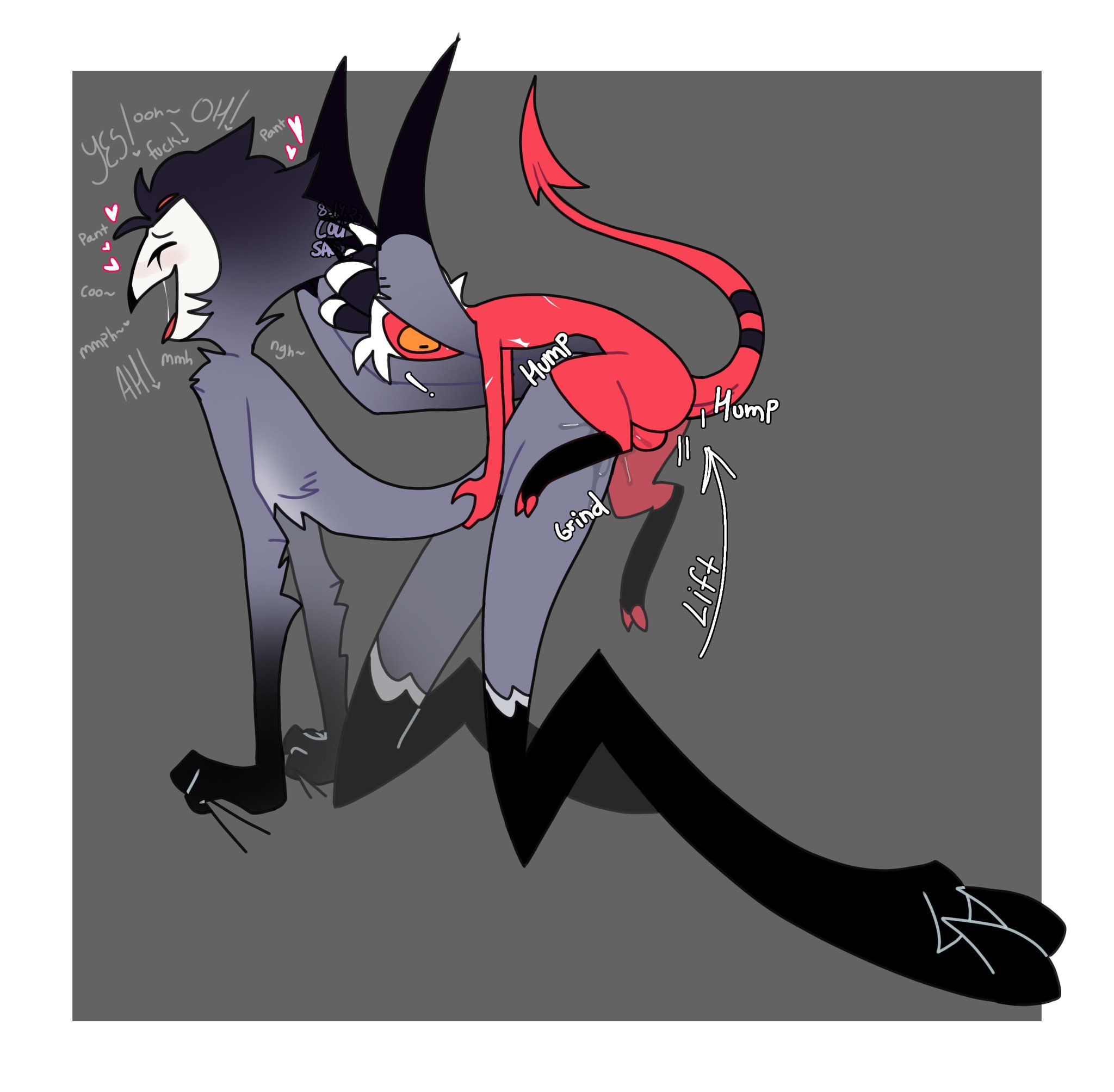 balls, bird, colisauz, cum, demon, gay, helluva boss, male, moxxie (helluva boss), penis, sex, stolas (helluva boss), tail, vivienne medrano