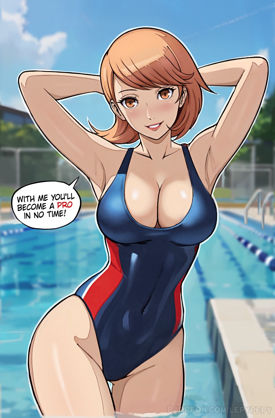 1girls ai_assisted ai_generated armpits arms_up atlus breasts brown_eyes brown_hair cleavage competition_swimsuit dialogue english_text female female_only highleg_swimsuit large_breasts lepypepy light-skinned_female looking_at_viewer one-piece_swimsuit persona persona_3 short_hair solo swimsuit text thigh_gap tight_clothing yukari_takeba