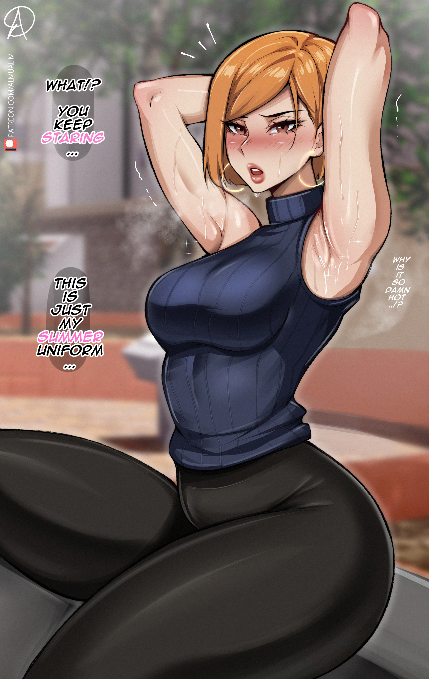 1girls, almualim, armpits, arms up, breasts, brown eyes, brown hair, clothed, dialogue, english text, female, hoop earrings, jujutsu kaisen, kugisaki nobara, large breasts, light skin, light-skinned female, orange hair, orange-haired female, short hair, text, thick thighs