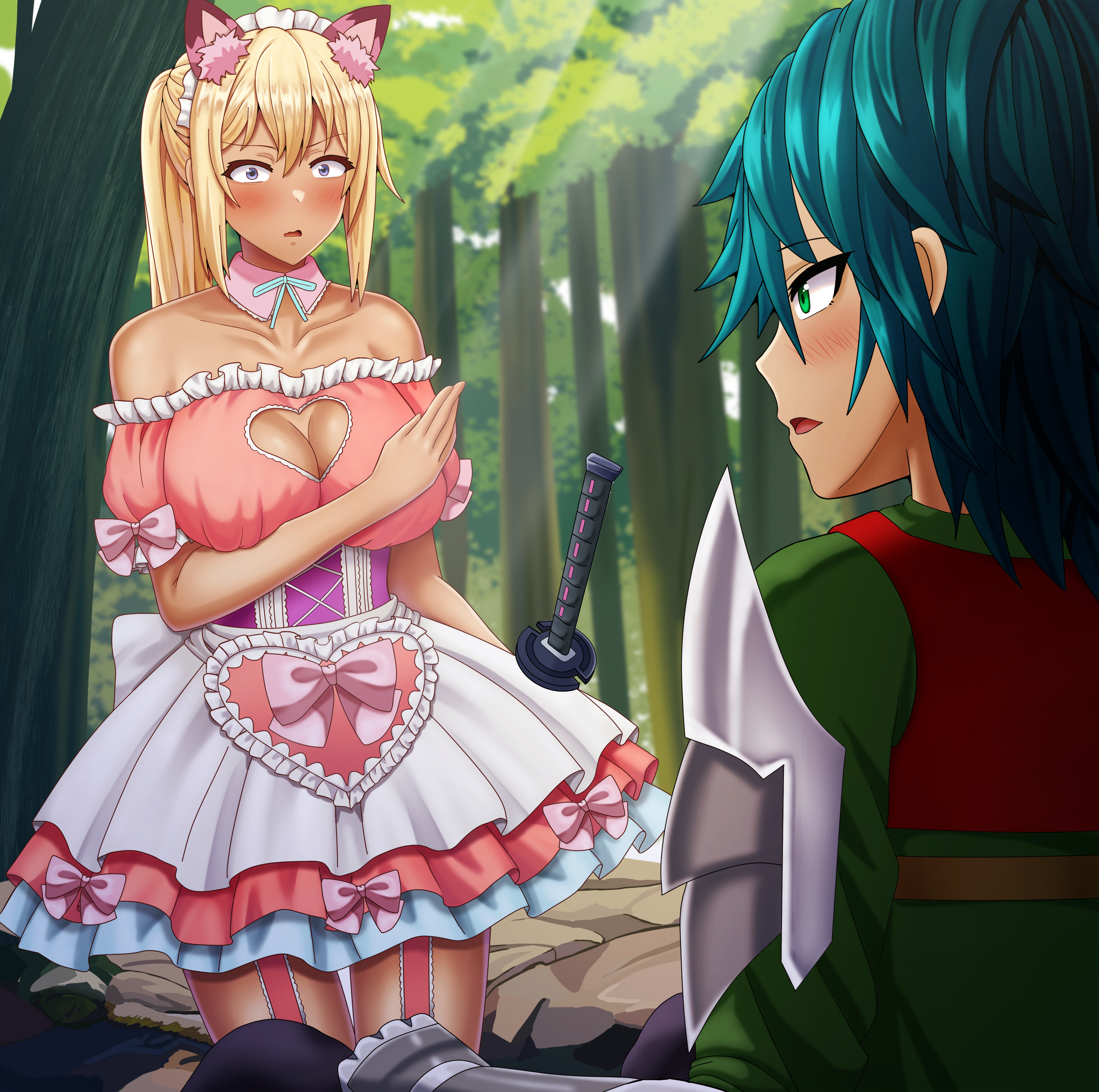 1boy, 1girls, armor, bare shoulders, bertrand (kamikatsu), big breasts, blonde hair, blue eyes, blush, breasts, cat ears, cleavage, collarbone, dark skin, dark-skinned female, dress, duo, eye contact, female, garter straps, green eyes, green hair, kaminaki sekai no kamisama katsudou, katana, large breasts, maid, male, pink dress, ponytail, rule 63, saikunartworks, shiny skin, sword, thick thighs, thighhighs, white thighhighs