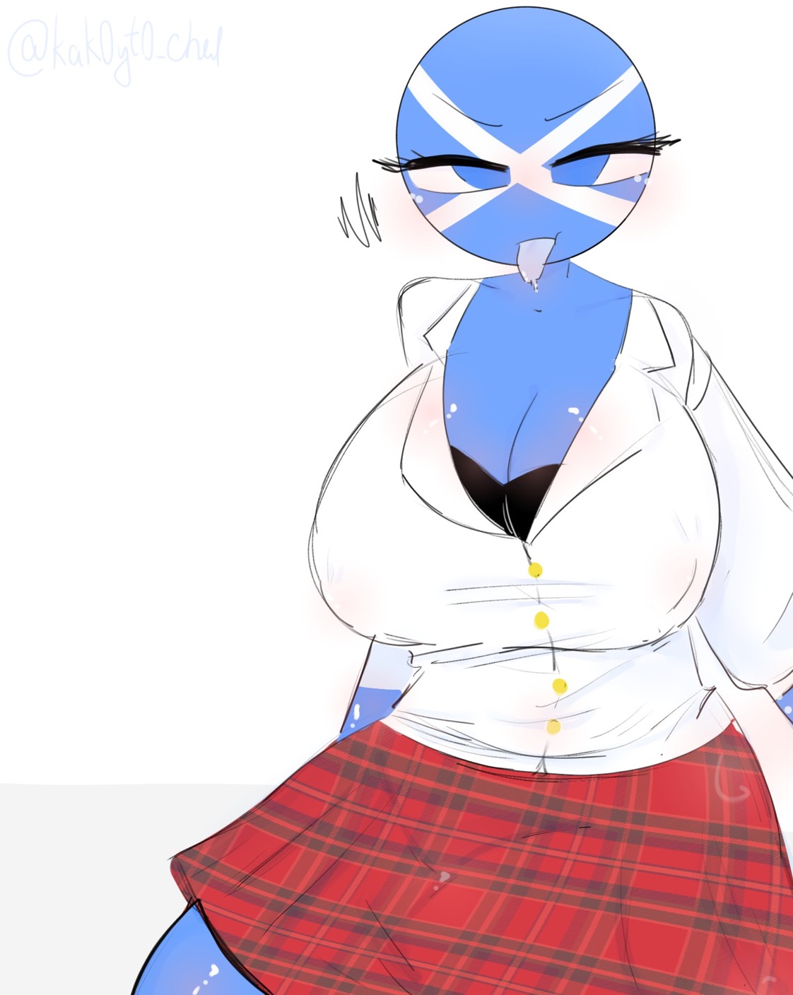 1girls, 2023, big breasts, big thighs, blue body, blue eyes, blush, blushing, blushing female, breasts, breasts bigger than head, clothed, clothed female, clothing, countryhumans, countryhumans girl, female, female only, kak0yt0 chel, light blush, massive breasts, scotland (countryhumans), simple background, tagme, tongue, white background