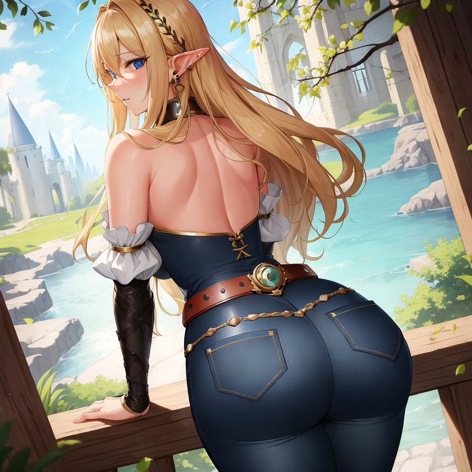 1girls ai_generated alborewimi arched_back ass ass_focus bare_back bare_shoulders belt bent_over big_ass big_butt black_sleeves blonde_hair blue_eyes blue_jeans clueless collar curvy denim denim_bottomwear denim_clothing denim_jeans earrings elf elf_ears fat_ass female firm_ass from_behind gold_trimm jeans jewelry light-skinned_female looking_at_viewer looking_back massive_ass massive_butt nai_diffusion oblivious outdoors pockets pointy_ears rear_view round_ass round_butt showing_ass solo solo_focus stable_diffusion standing suggestive tight_clothing tight_jeans