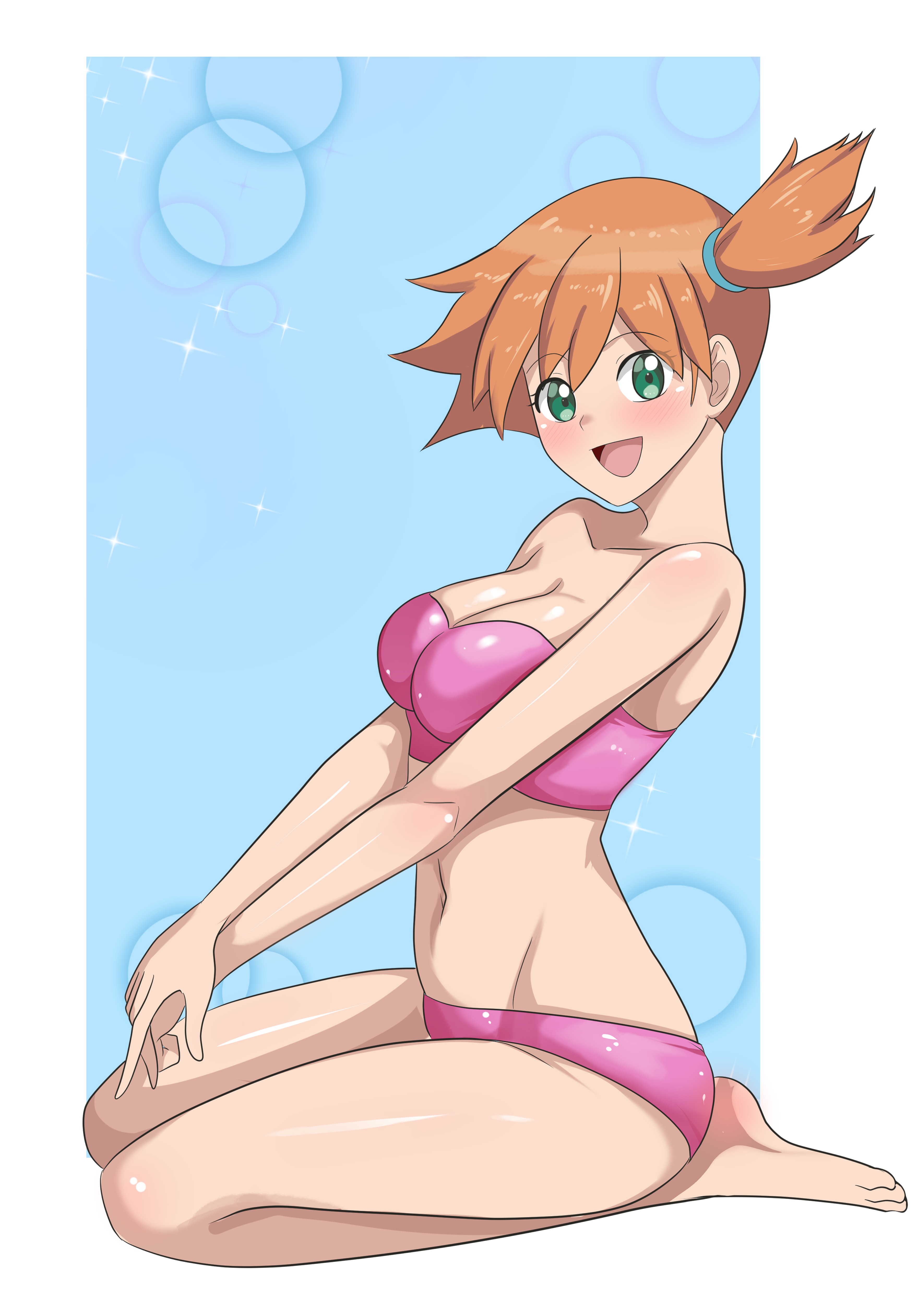 1girls, adapted costume, alternate breast size, asymmetrical hair, bare legs, bikini, blush, breasts, cleavage, cowboy shot, creatures (company), crop top, eyelashes, female, female focus, female only, game freak, gen 1 pokemon, green eyes, gym leader, hair between eyes, highres, huge breasts, kasumi (pokemon), large breasts, legs, looking at viewer, navel, nintendo, nivi, orange hair, pokemon, pokemon (anime), pokemon (classic anime), pokemon (game), pokemon rgby, ponytail, shirt, short hair, side ponytail, simple background, smile, solo, swimsuit, thick thighs, thighs, wide hips