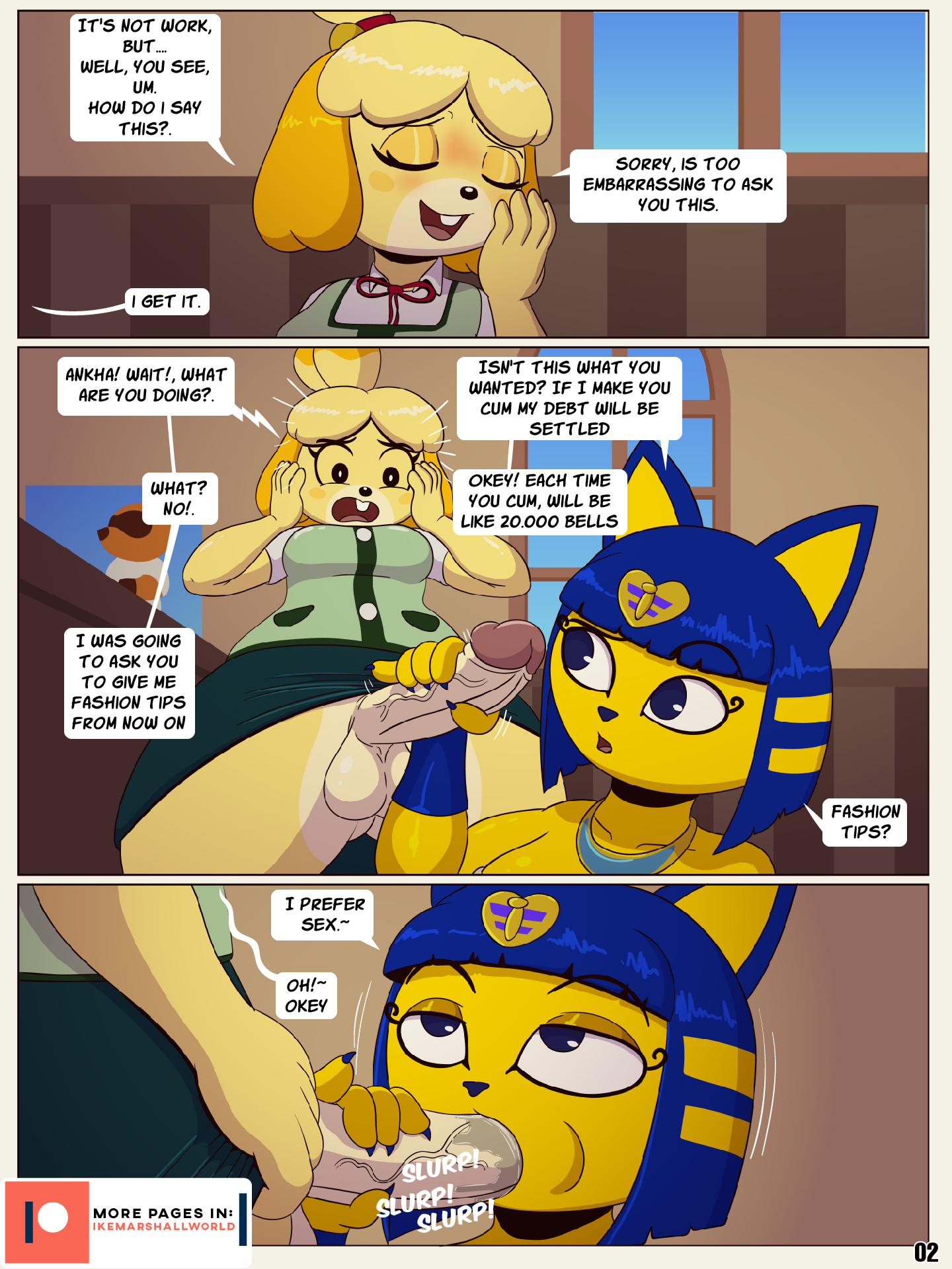 2futas, animal crossing, ankha, ankha (animal crossing), anthro, balls, blue hair, bottomwear, breasts, canid, canine, canis, clothed, clothing, clothing lift, comic, dialogue, domestic cat, domestic dog, duo, felid, feline, felis, fellatio, female, futa on female, futa on futa, futa only, futanari, genitals, handjob, hi res, ike marshall, intersex, isabelle (animal crossing), mammal, nintendo, oral, penile, penis, sex, skirt, skirt lift, speech bubble, yellow body
