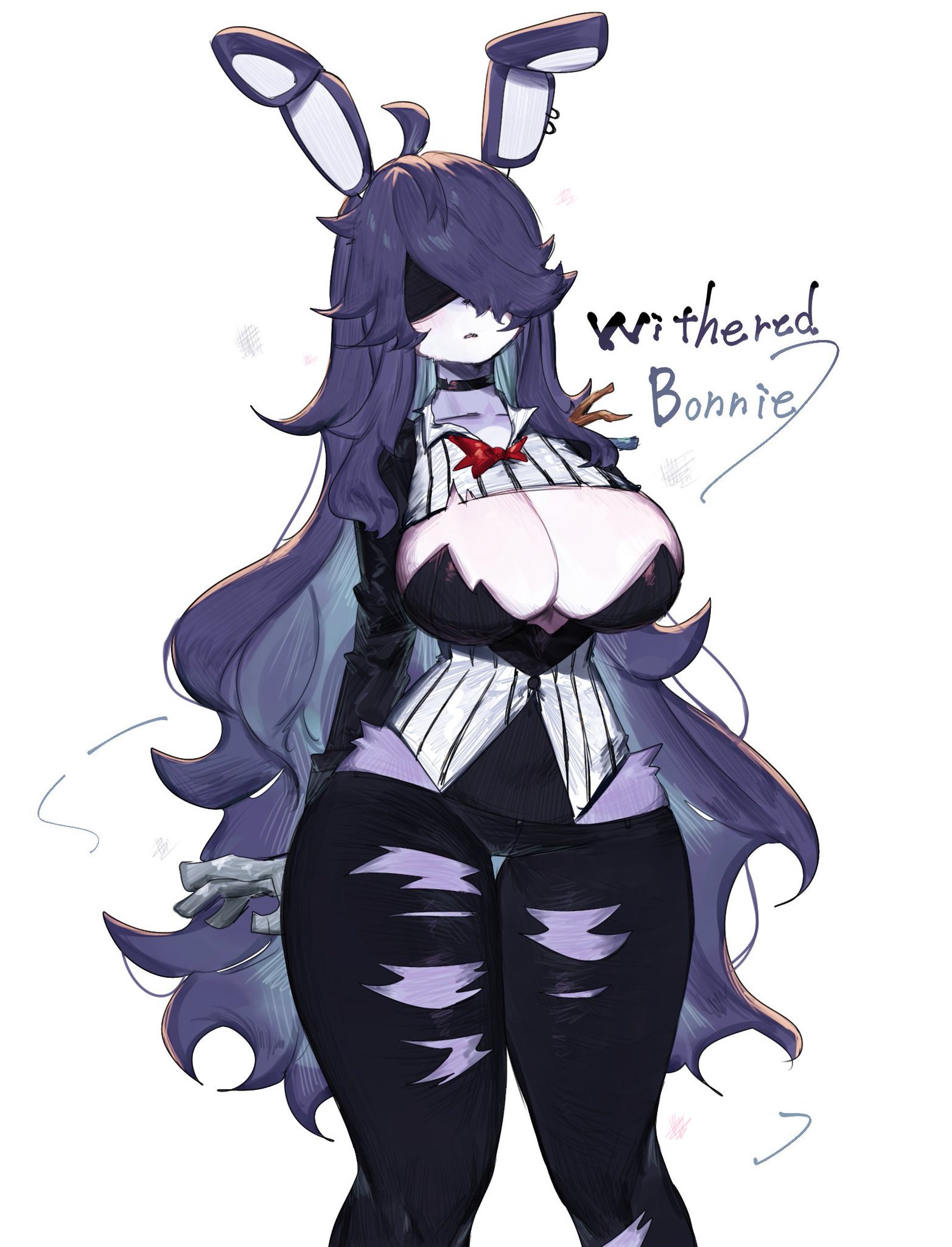 1girls, big breasts, breasts, bunny ears, covered eyes, ear piercing, eye mask, female, five nights at freddy's, five nights at freddy's 2, humanized, indigo hair, ripped clothing, rule 63, solo, tagme, togetoge, very long hair, withered bonnie