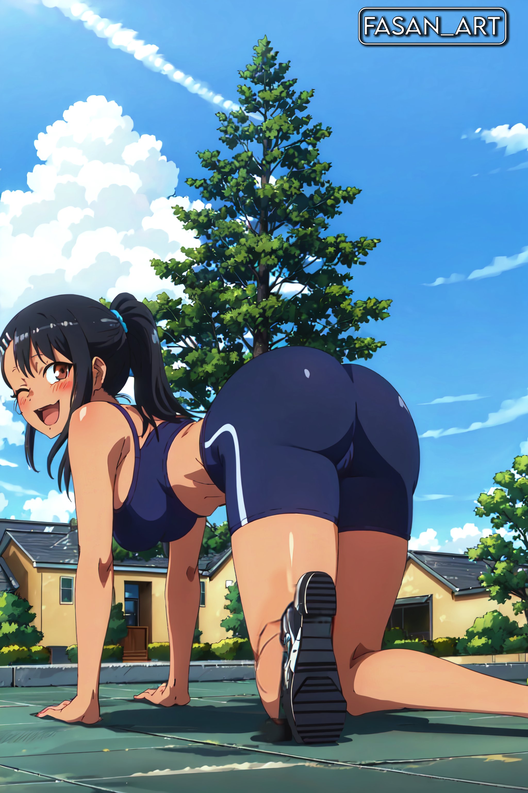 1girls, ai generated, ass, big ass, big breasts, black hair, blush, breasts, brown eyes, clothed, clothing, doggy style, fasan art, female, female focus, female only, gym clothes, hayase nagatoro, hi res, highres, long hair, looking at viewer, looking back, open mouth, please don't bully me, nagatoro, ponytail, revealing clothes, simple background, solo, solo female, tan, tan body, tan skin, tan-skinned female, tanned, tanned female, viewed from behind, wink