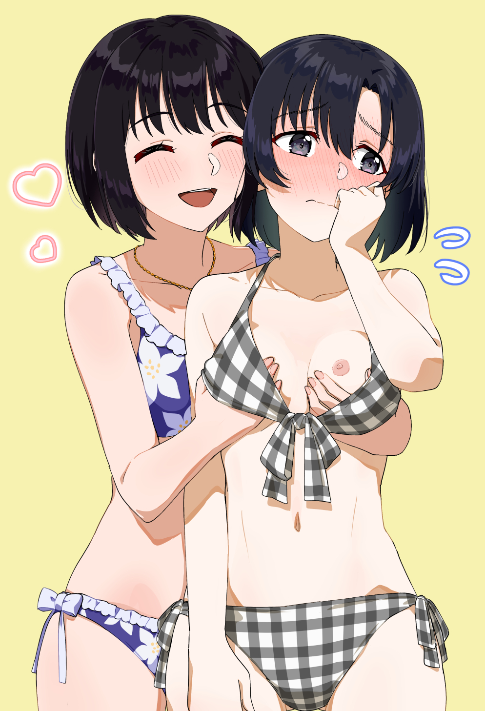 2girls bikini black_eyes black_hair blue_bikini blush bow breasts checkered_clothes collarbone dr._gero_(staedtler_0508) embarrassed floral_print floral_print_bikini frilled_bikini_top front-tie_bikini_top front-tie_top grabbing grabbing_another's_breast highres idolmaster idolmaster_cinderella_girls jewelry lesbians medium_breasts multiple_girls navel necklace nipples open_mouth shiragiku_hotaru short_hair side-tie_bikini_bottom small_breasts smile swimsuit takafuji_kako yuri