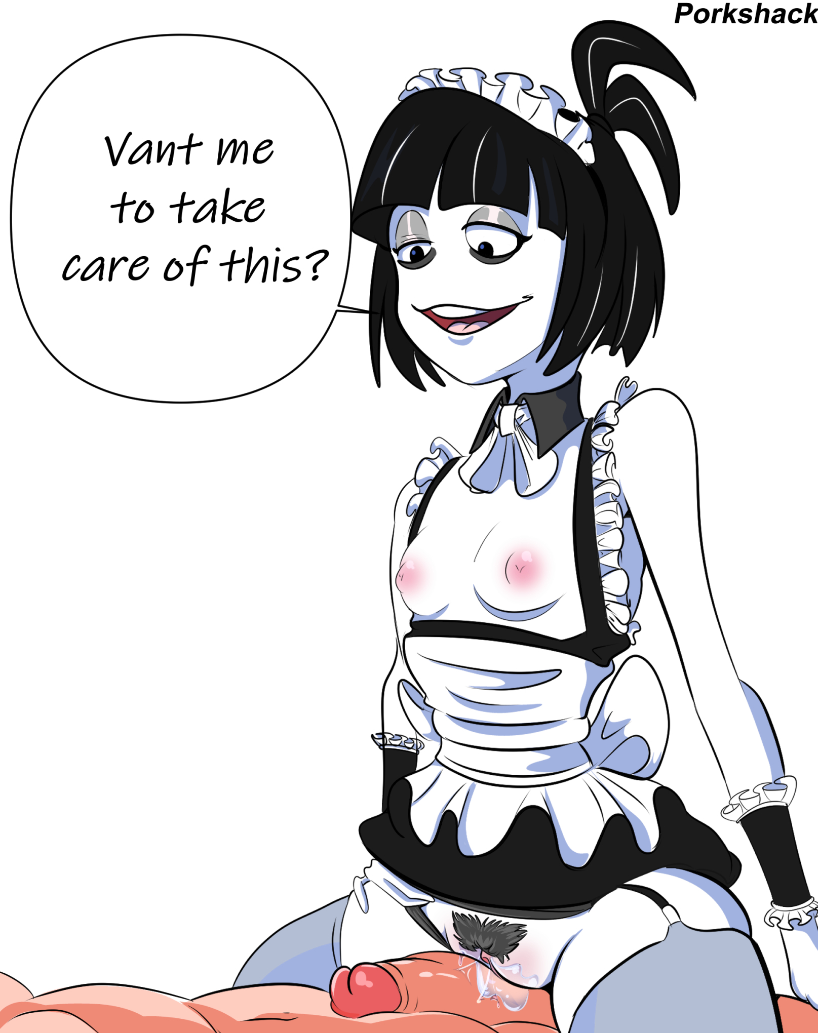 black hair, blue eyes, breasts, creepy susie, dialogue, english text, female, light skin, light-skinned female, maid headdress, maid uniform, male, medium breasts, pale skin, pale-skinned female, penis, pubic hair, pussy, pussy juice, pussy rubbing, rubbing, rubbing pussy, the oblongs, white skin