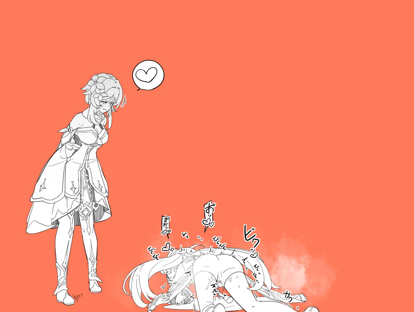 :3, after orgasm, female, genshin impact, hu tao (genshin impact), lesbian focus, lucifina 006, lumine (genshin impact), monochrome, orange background, squirt puddle, text bubble, yuri