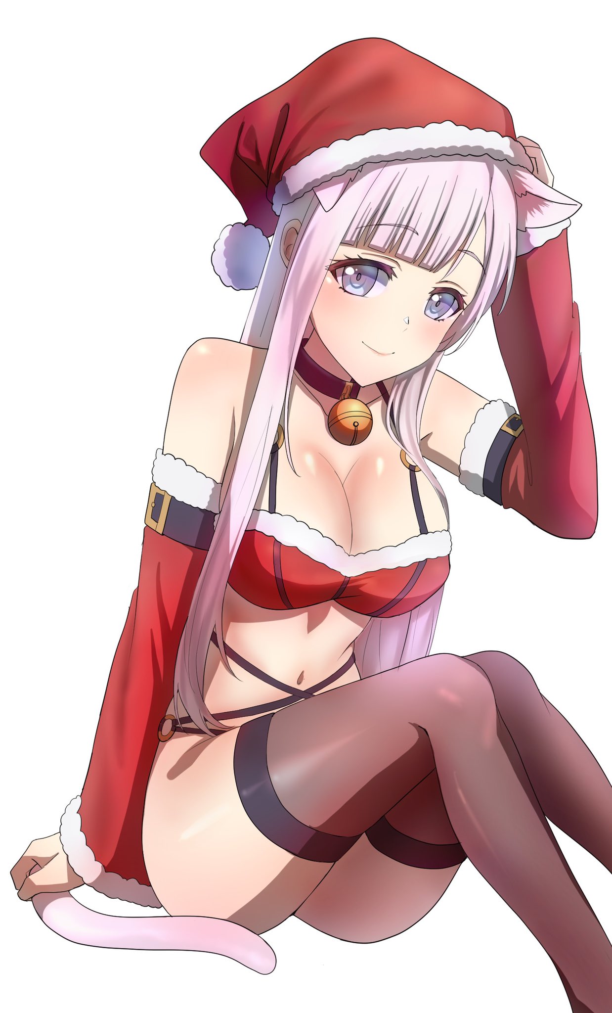 ass bell big_breasts bra cat_ears cat_tail catgirl christmas clothed collar d4dj izumo_saki kougami pointy_chin santa_hat stockings