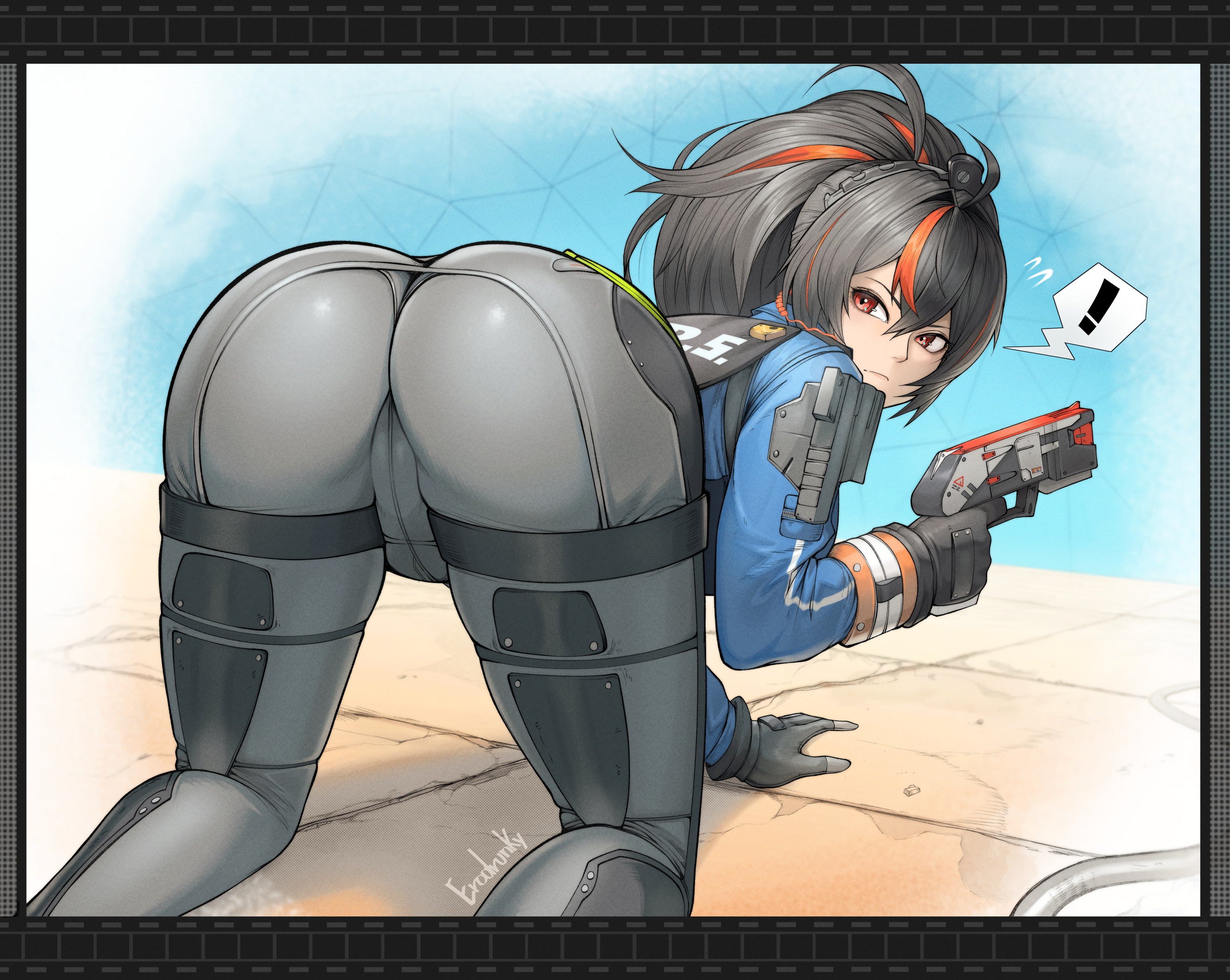 !, 1girls, absurd res, all fours, ass, black hair, erodrunky, female, gun, hi res, holding object, looking back, multicolored hair, ponytail, red hair, self upload, solo, streaked hair, zenless zone zero, zhu yuan