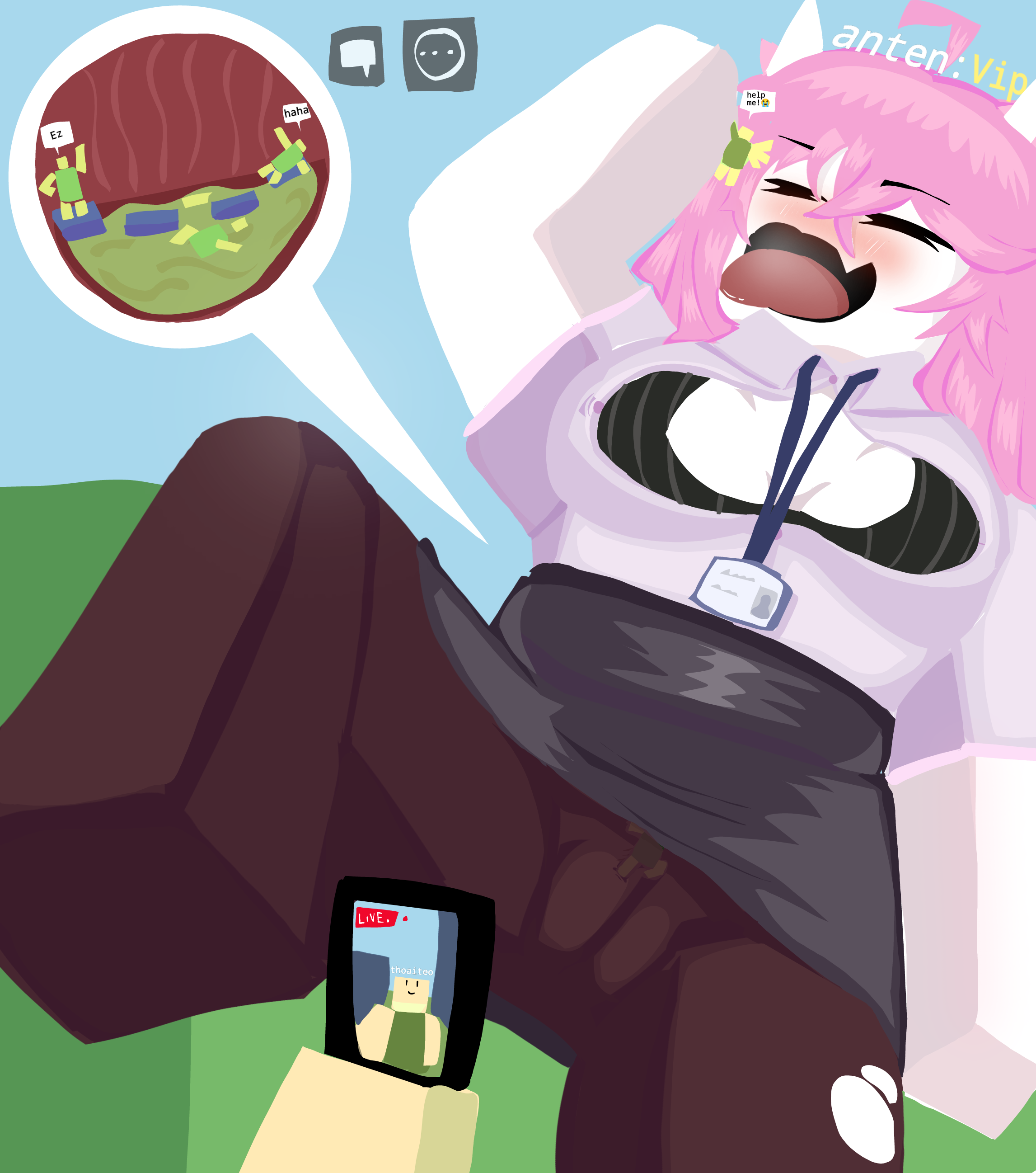 2d, 2d (artwork), 2d artwork, bra, cellphone, clothing, feet up, female, giantess, id card, livestream, no panties, obby, open clothes, open shirt, pantyhose, pencil skirt, pink hair, recording, roblox, see-through, see-through clothing, tagme, thoaiteor34, tongue, tongue out, vore