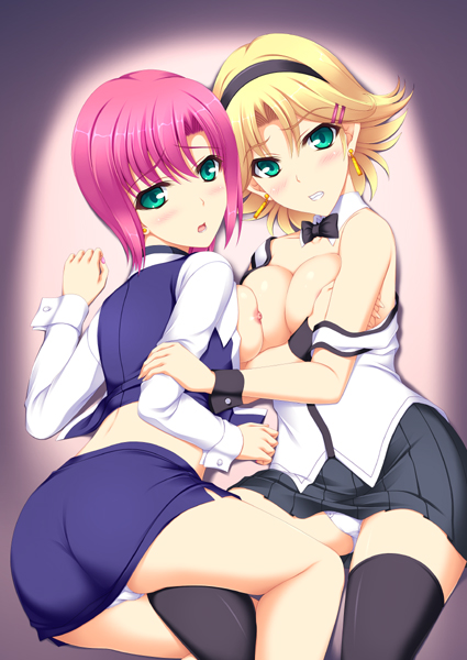 aqua_eyes ass black_legwear blonde_hair blush bowtie breasts croupier earrings hairband jewelry large_breasts miniskirt mizuhara_yuu multiple_girls nipples panties pink_hair rina_tachibana rio_-rainbow_gate!- rio_rollins rip@lip skirt super_blackjack thighhighs underwear white_panties wrist_cuffs