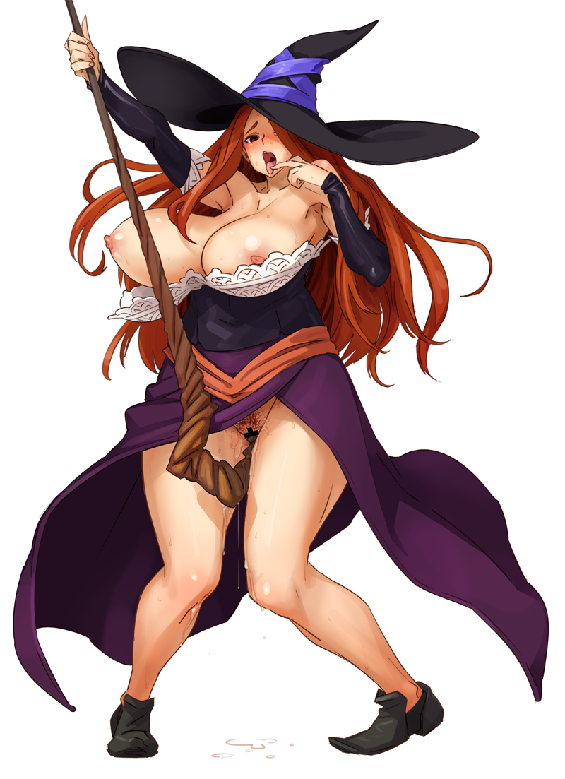 blush bobobo censored curvy dragon's_crown elbow_gloves huge_breasts insertion long_hair nipple_slip nipples object_insertion orange_hair plump pubic_hair pussy pussy_juice red_eyes sorceress_(dragon's_crown) staff sweat tongue vanillaware wide_hips witch witch_hat