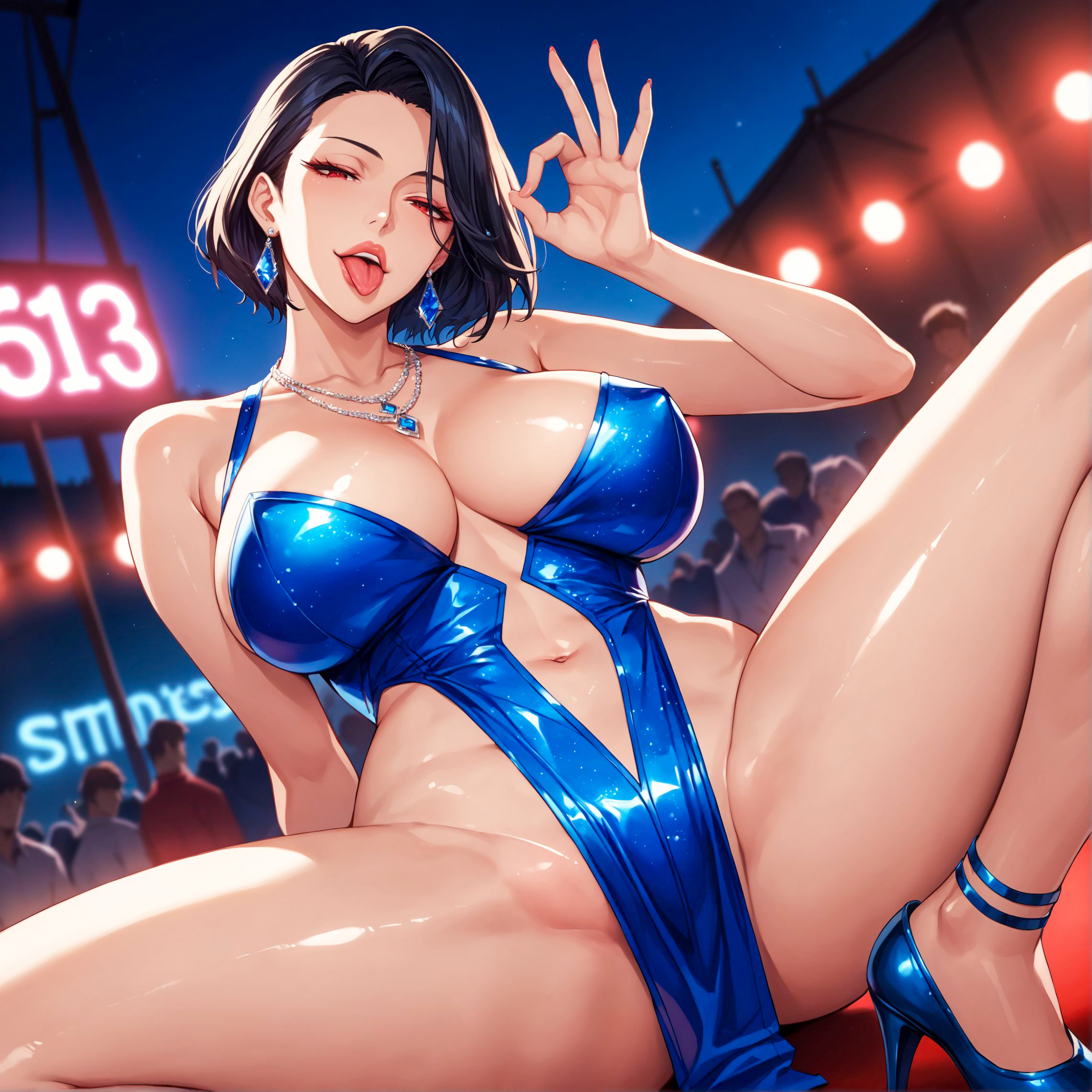1girls, ai generated, alex-schura, arm behind back, ass, bangs, bare legs, bare shoulders, black hair, blue dress, blue footwear, blush, breasts, cityscape, cleavage, clothing, curvaceous, curvaceous female, curvaceous figure, curvy, curvy figure, dress, earrings, excuse me this is my room, fellatio gesture, female, female focus, female only, footwear, forehead, high heels, inviting, jewelry, large breasts, leaning back, legs, looking at viewer, mature female, milf, navel, necklace, night, ok sign, open mouth, outdoors, parted bangs, pelvic curtain, presenting, presenting ass, presenting breasts, presenting hindquarters, presenting pussy, pussy, red eyes, revealing clothes, seductive, seductive look, seductive smile, shiny, shiny skin, shoes, short hair, sitting, sky, smile, solo, spread legs, squatting, thighs, tongue, tongue out, voluptuous, voluptuous female, webtoon, yoon yerin