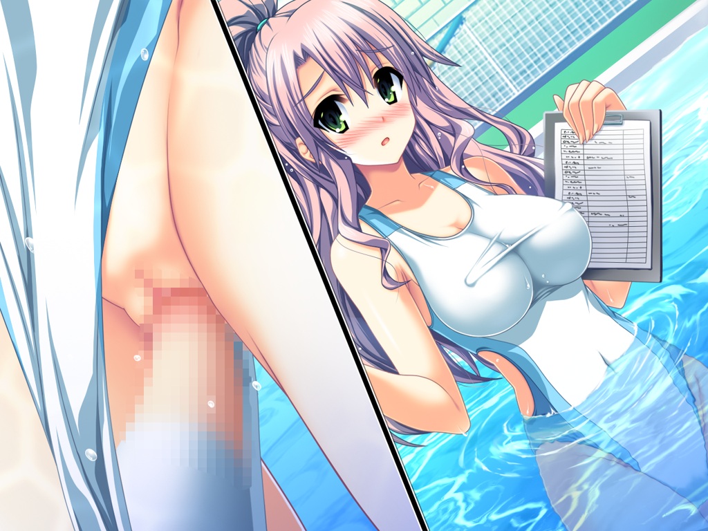 1boy 1girls blush breasts cameltoe censored clothed_sex clothing erect_nipples erection female green_eyes henshin_3 huge_breasts long_hair male nipple_bulge notebook one-piece_swimsuit open_mouth panties pen penetration penis pool purple_hair pussy remote_transfer school_swimsuit straight swimsuit vaginal_penetration water white_school_swimsuit