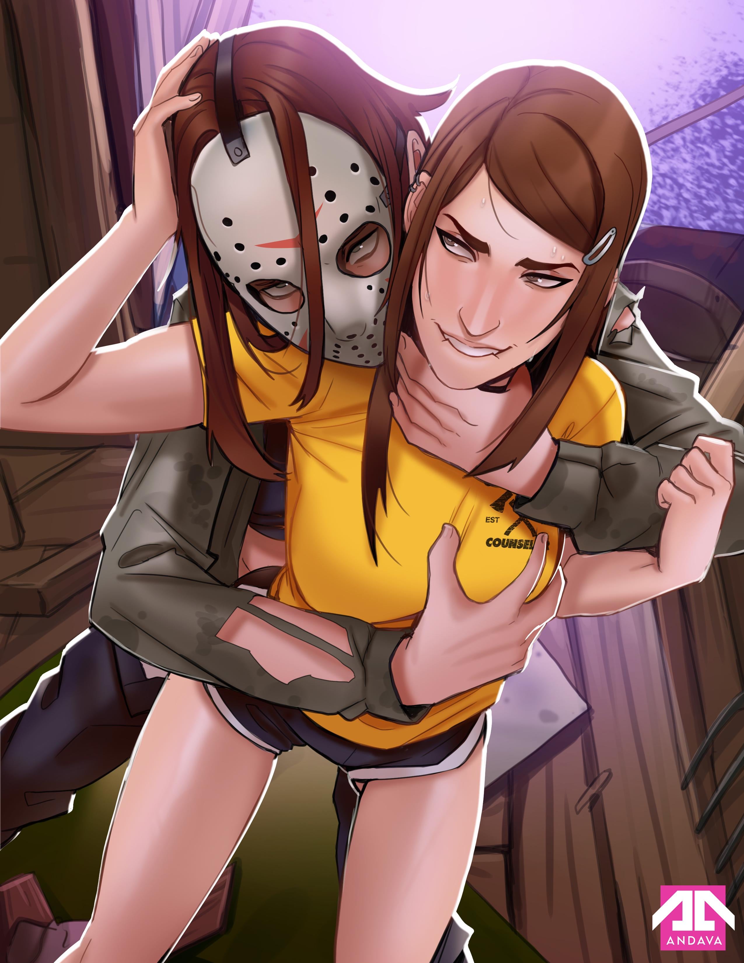1boy, andava, andavaverse, big nose, breast grab, breasts, cosplay, erica andreyko, female, grabbing from behind, hockey mask, imminent sex, jacob (andava), jason voorhees (cosplay), male, mask, masked, masked male, smirk, smug, smug grin, standing position