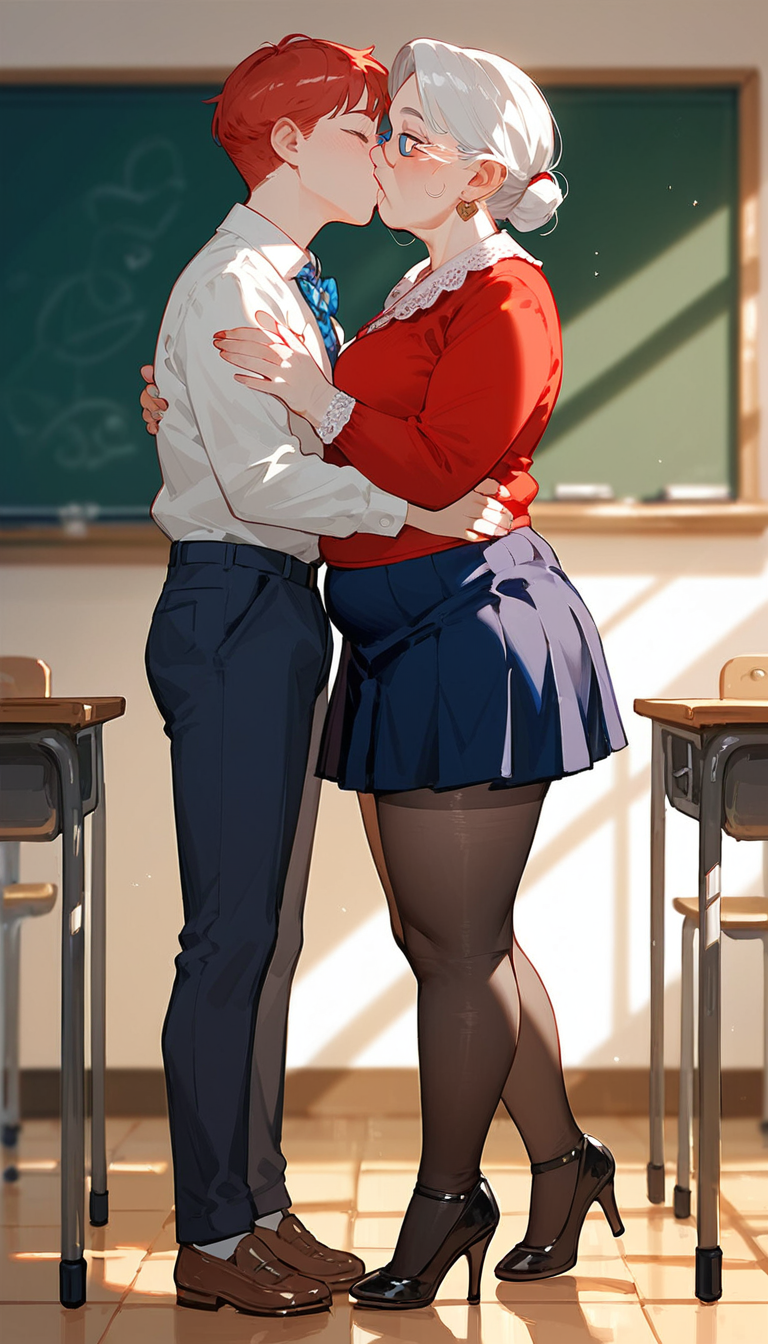 ai_generated black_skirt chubby gilf grandmother grandmother_and_grandson granny heels kissing kissing older_woman_and_younger_boy pantyhose red_clothing red_hair school schoolgirl short_hair skirt smaller_male