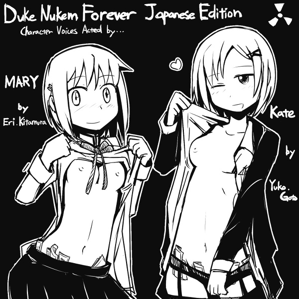 2girls areolae black_and_white black_skirt breasts collarbone duke_nukem_(series) duke_nukem_forever english erect_nipples female garter_belt garter_straps heart holsom_twins junko_kaname kate_holsom mahou_shoujo_madoka_magica mary_holsom miki_sayaka money money_under_clothes monochrome multiple_girls navel nipples nns_(sobchan) no_bra open_clothes open_shirt panties shirt_lift short_hair skirt small_breasts stripper underwear voice_actor_connection wink