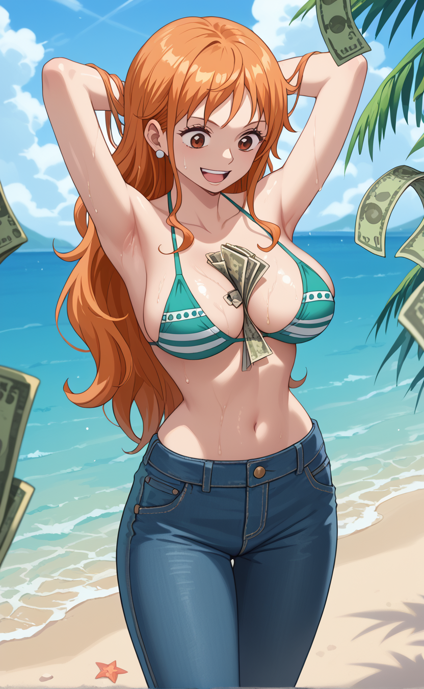 1girls ai_generated beach breasts cute female female_only happy jeans money nami nami_(one_piece) one_piece orange_hair post-timeskip rengoart sweating