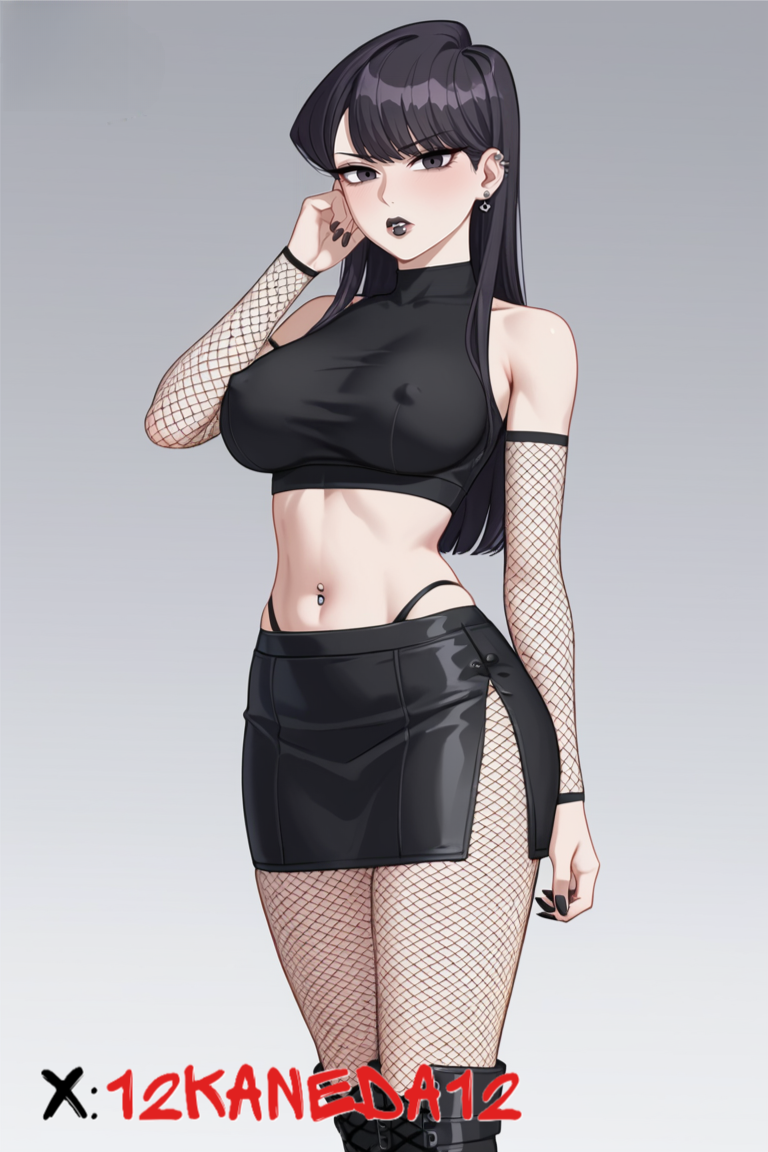 12kaneda12 ai_generated black_fingernails black_lipstick disgusted fishnets goth goth_girl high_thong komi_shouko nipple_bulge piercing solo_female thong thong_straps thongstraps watermark