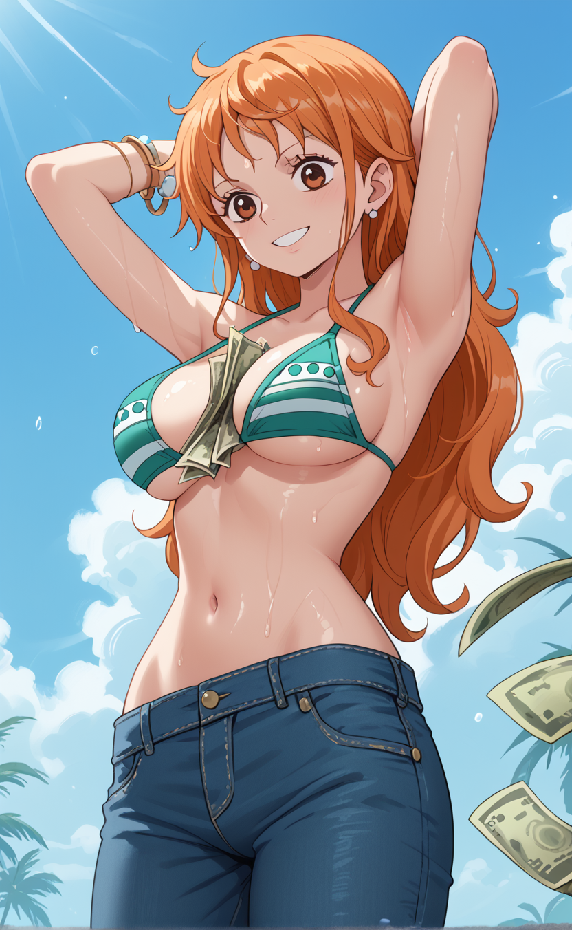 1girls ai_generated beach breasts cute female female_only happy jeans money nami nami_(one_piece) one_piece orange_hair post-timeskip rengoart sweating