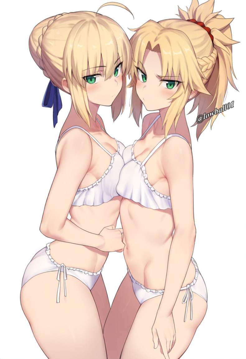 2girls artoria_pendragon artoria_pendragon_(fate) blonde_hair fate/grand_order fate_(series) female female_only green_eyes human lowball01 mordred_(fate) mordred_(fate/apocrypha) mother_and_daughter multiple_girls saber small_breasts underwear