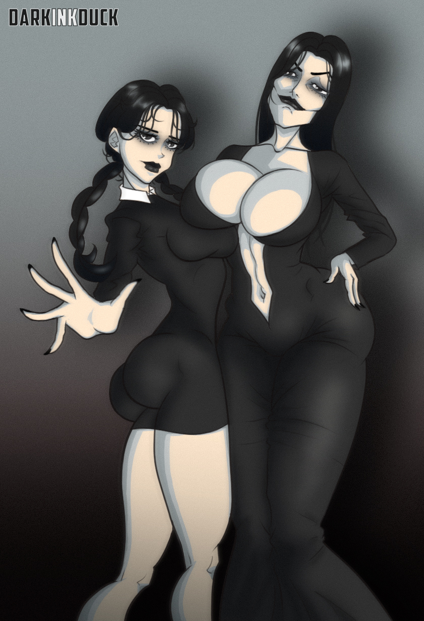 2girls black_dress black_hair curvy darkinkduck digital_media_(artwork) female female_only goth goth_girl jenna_ortega light-skinned_female long_hair milf morticia_addams multiple_girls posing standing standing_position the_addams_family twintails wednesday_(netflix) wednesday_addams