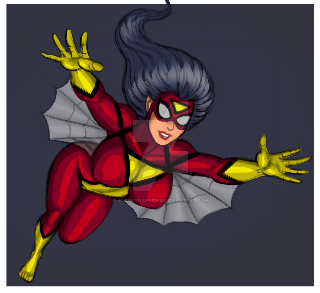 black_hair flying gloves jessica_drew johnnyharadrim large_ass marvel marvel_comics mask red_suit spider-woman superhero_costume superheroine