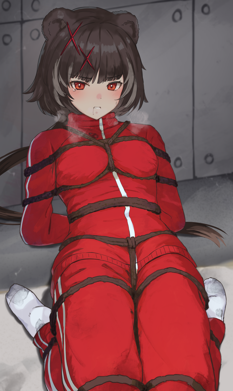 animal_ears arknights bondage bondage bondage bound brown_hair crotch_rope female highres jacket kozeni_isari leto_(arknights) no_shoes red_eyes shibari_over_clothes short_hair track_jacket track_suit