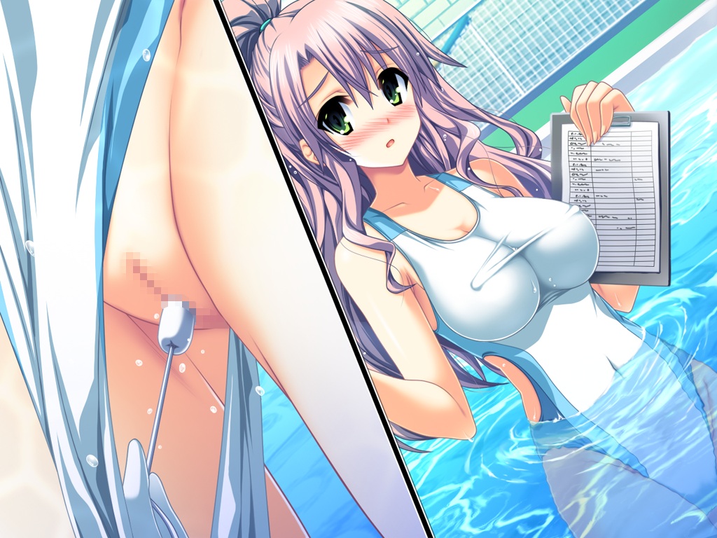 censored hand hands henshin_3 long_hair nipple_bulge notebook one-piece_swimsuit pen pool purple_hair pussy remote_transfer school_swimsuit swimsuit tampon water white_school_swimsuit