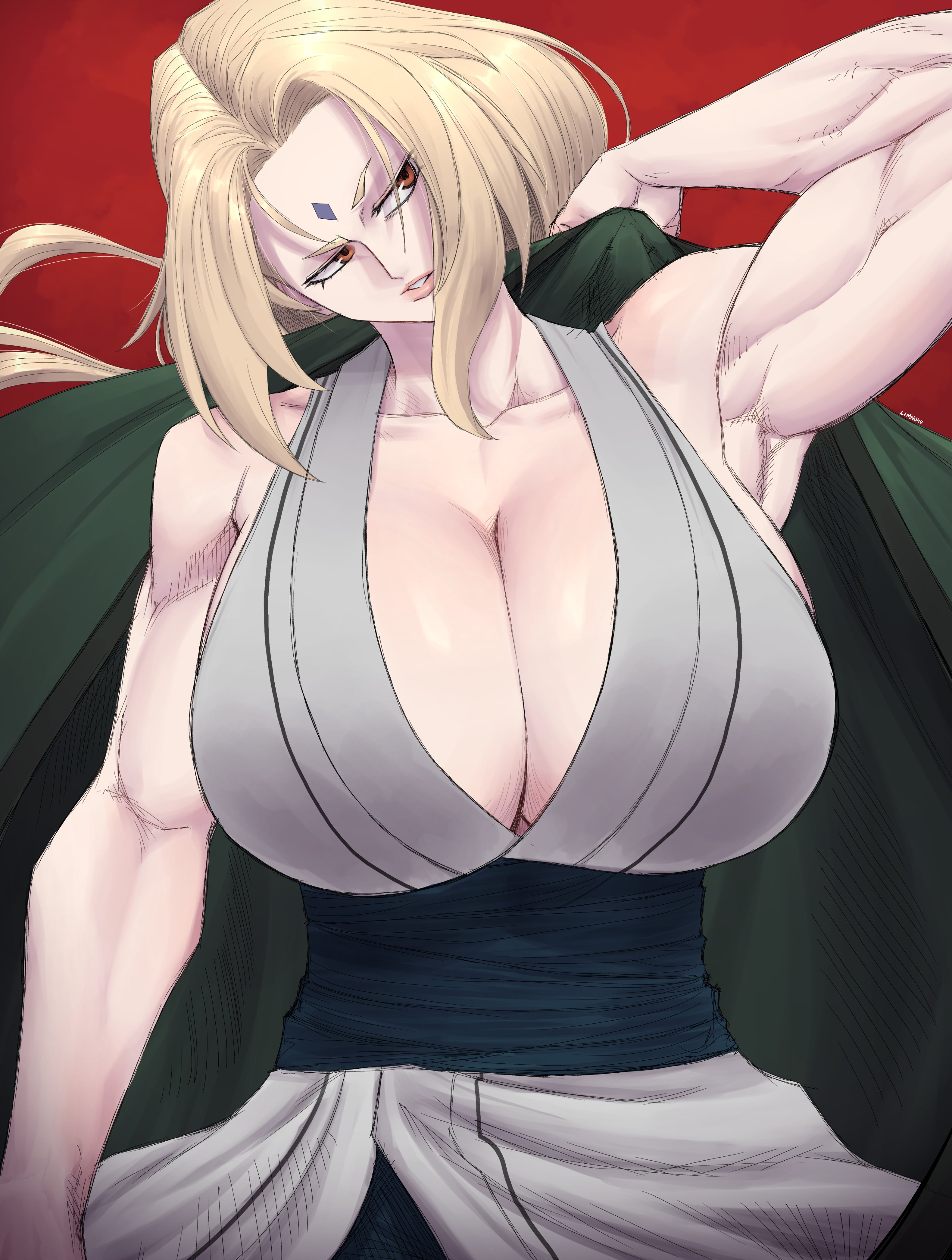 1girls, 2024, absurd res, big breasts, blonde hair, breasts, female, female only, forehead mark, huge breasts, limn044, long hair, looking away, muscular, muscular female, naruto, naruto (series), orange eyes, solo, toned, toned female, tsunade